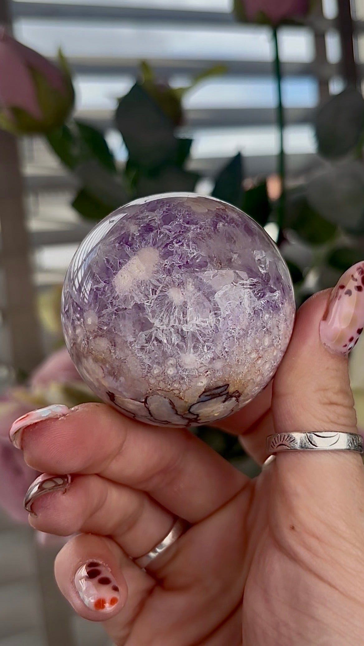 High grade, amethyst Flower agate sphere with druzy quartz- 5.5cm