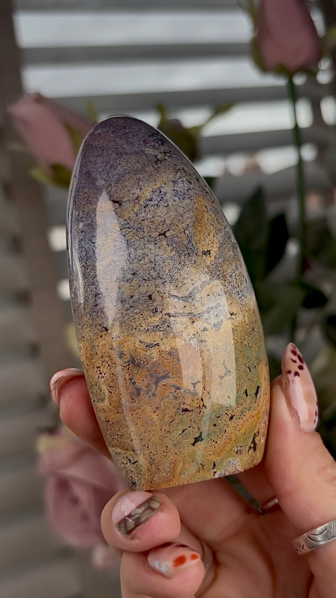 High quality, pastel pink/purple & mustard ocean jasper Freeform - 9cm (h)