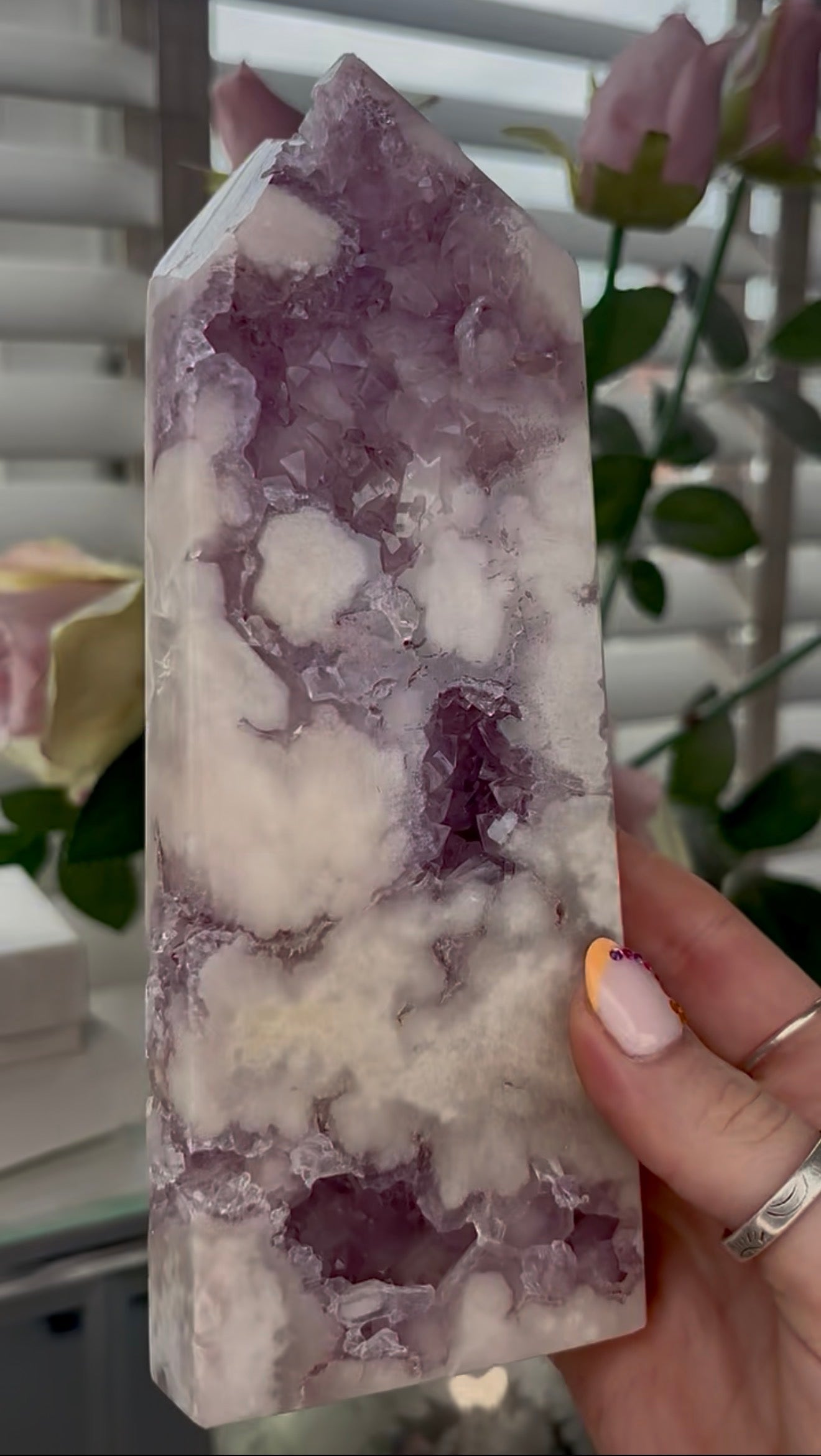 Huge, High quality, Pink amethyst tower, with purple quartz druzy
