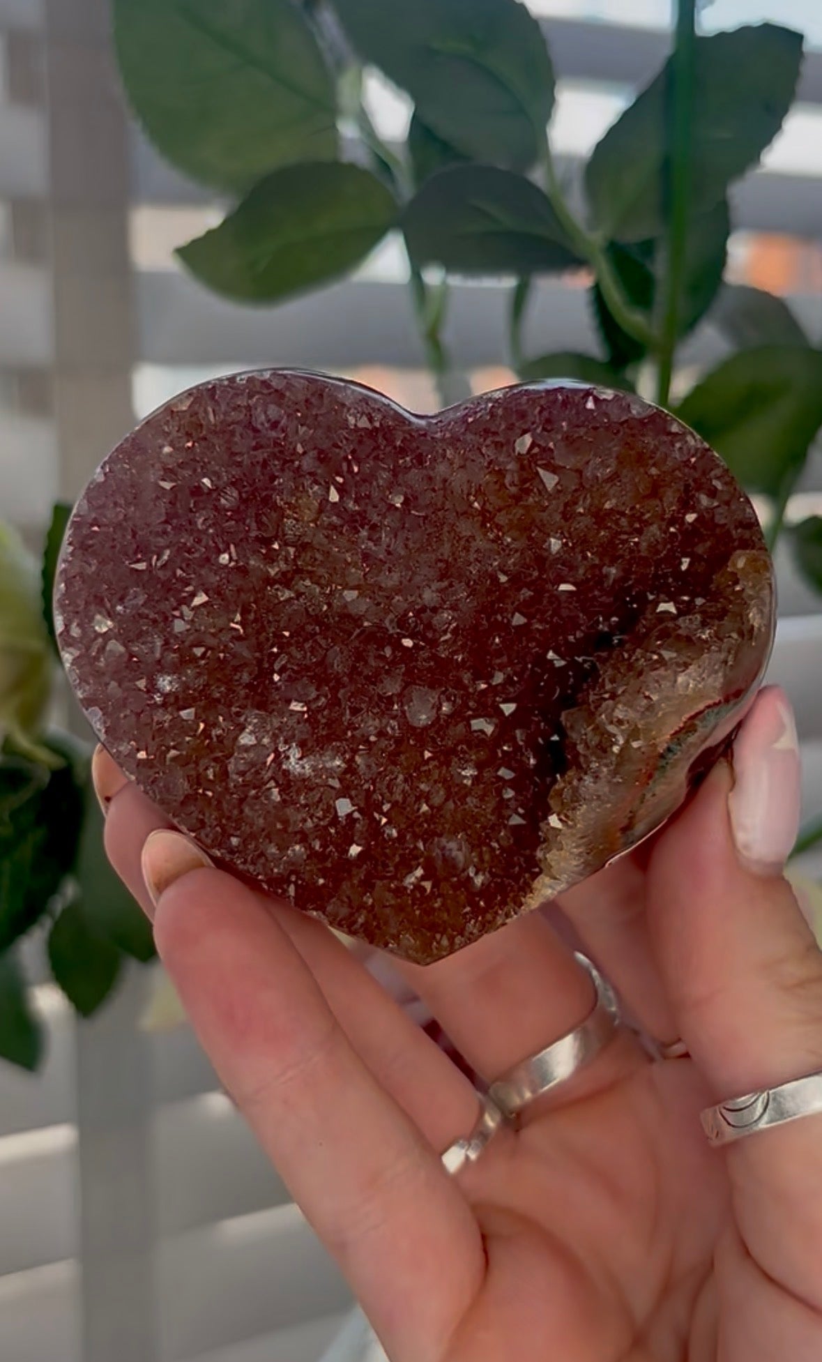 Uruguay, rainbow amethyst heart - comes with stand
