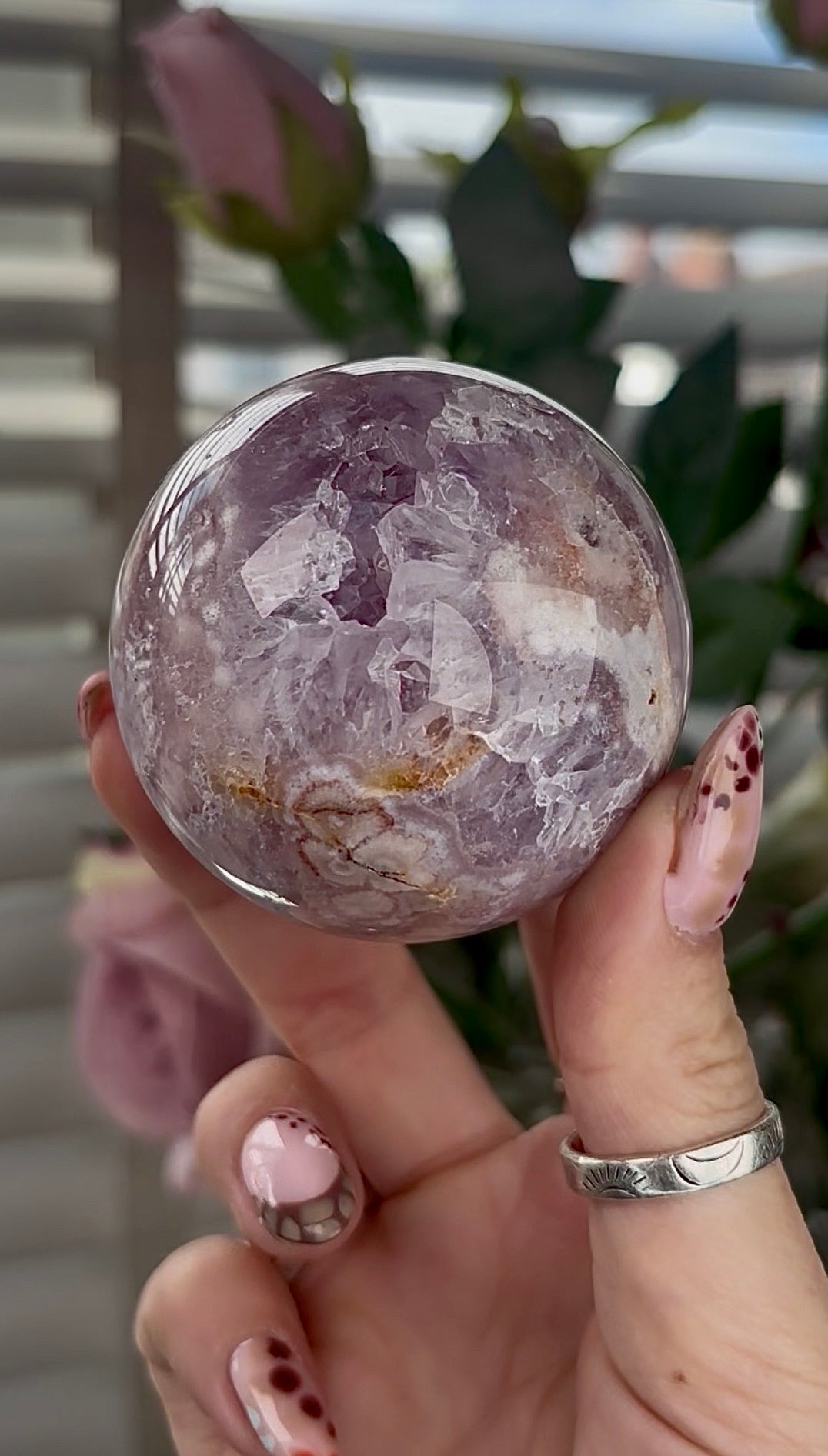 High grade, Pink amethyst Flower agate sphere with druzy quartz- 5.5cm