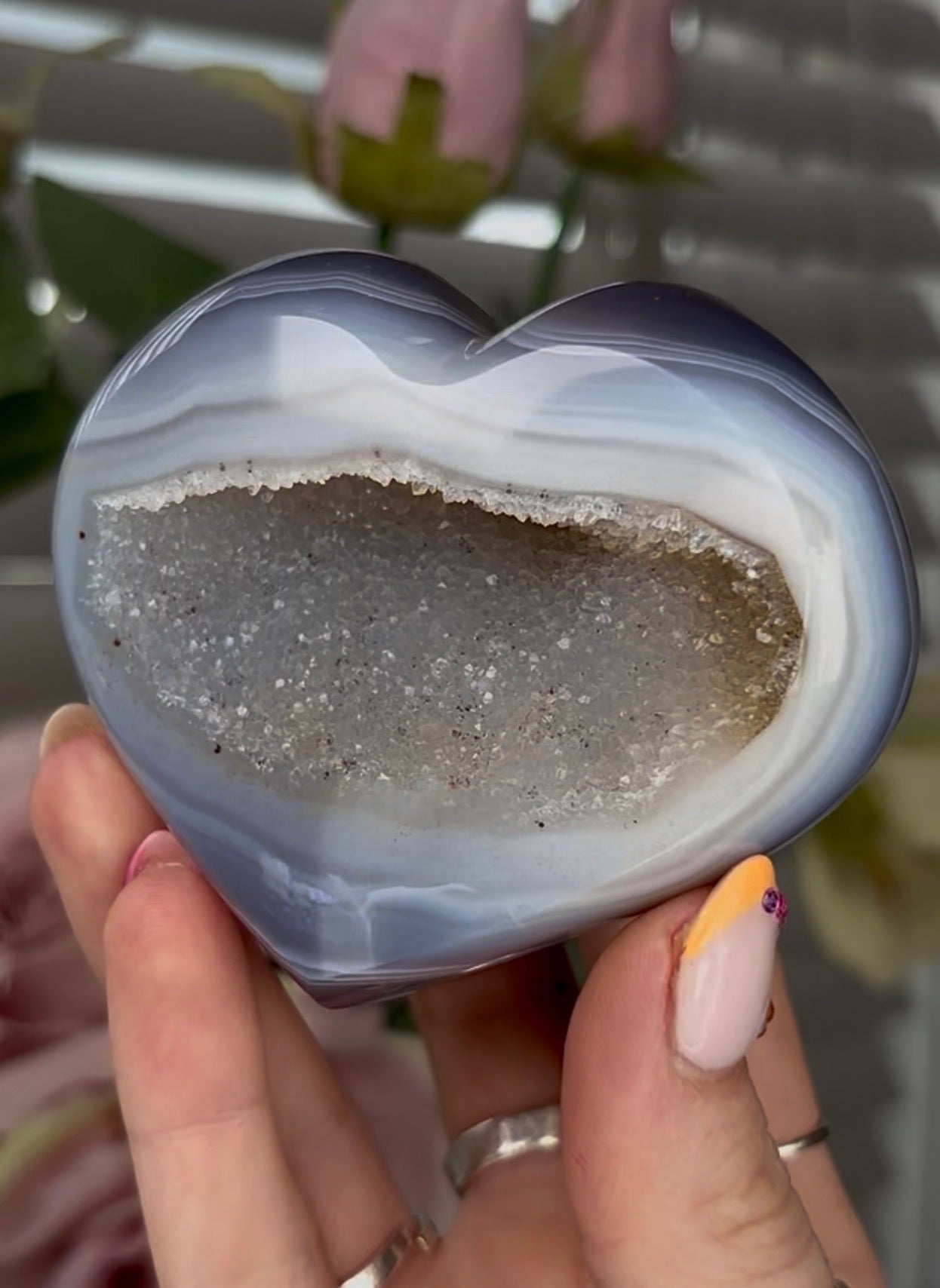 Beautiful, high grade, blue agate heart with druzy - comes with stand