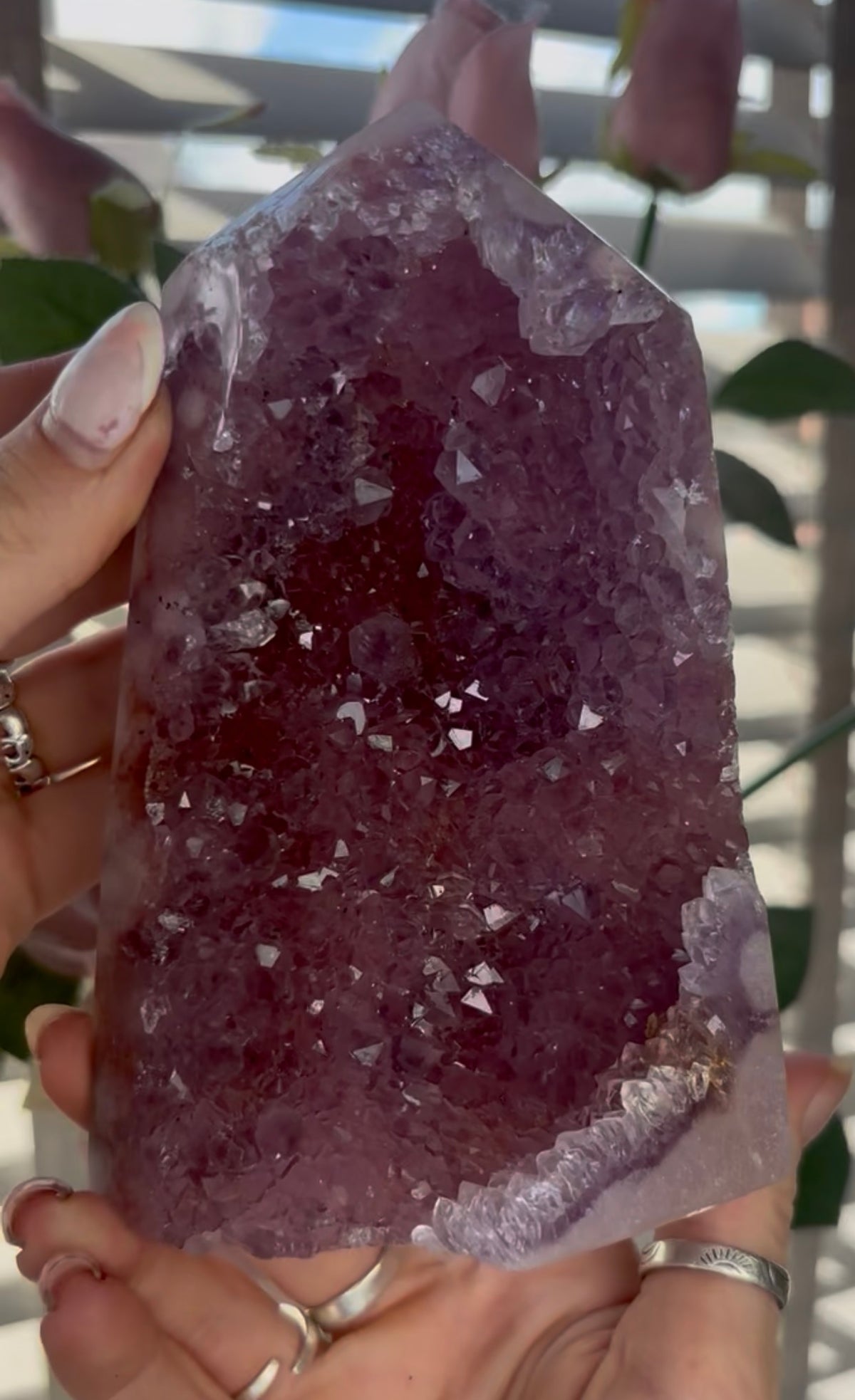 Beautiful, high quality, Pink amethyst tower in lilac tones with vibrant purple druzy