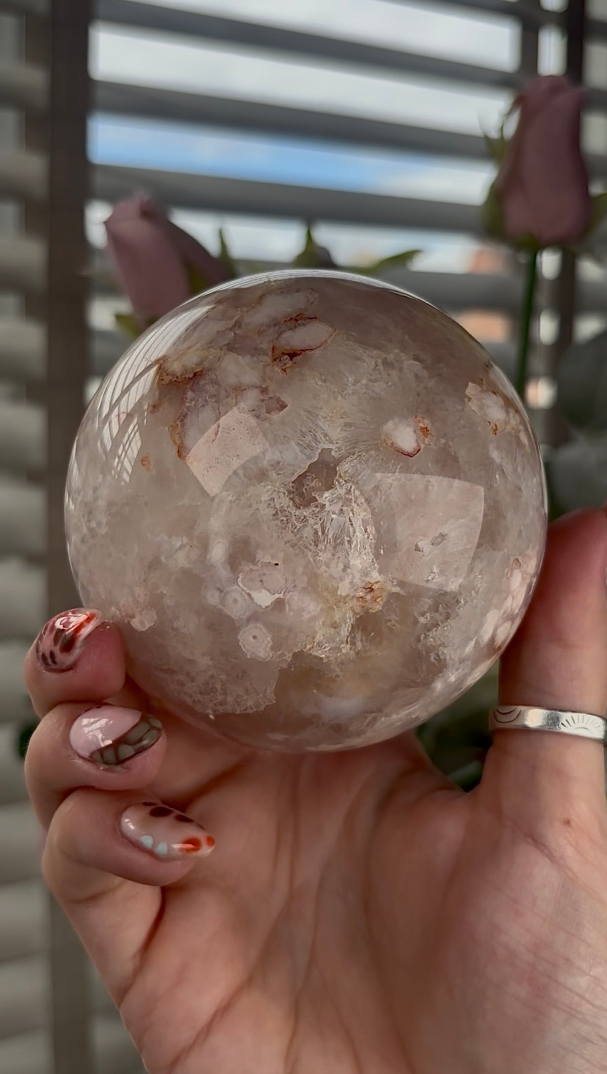 High grade, amethyst Flower agate sphere with high clarity quartz 8.5cm