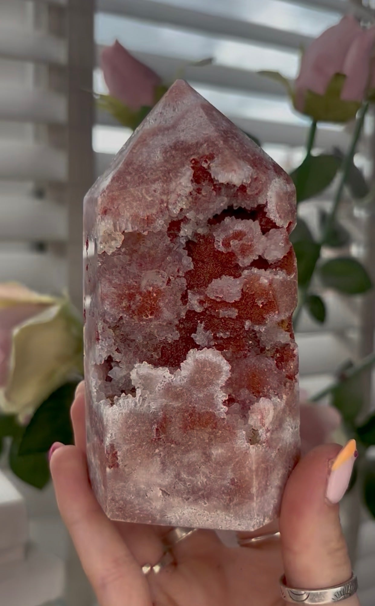 Pretty, high quality, Pink amethyst tower, in a red tone