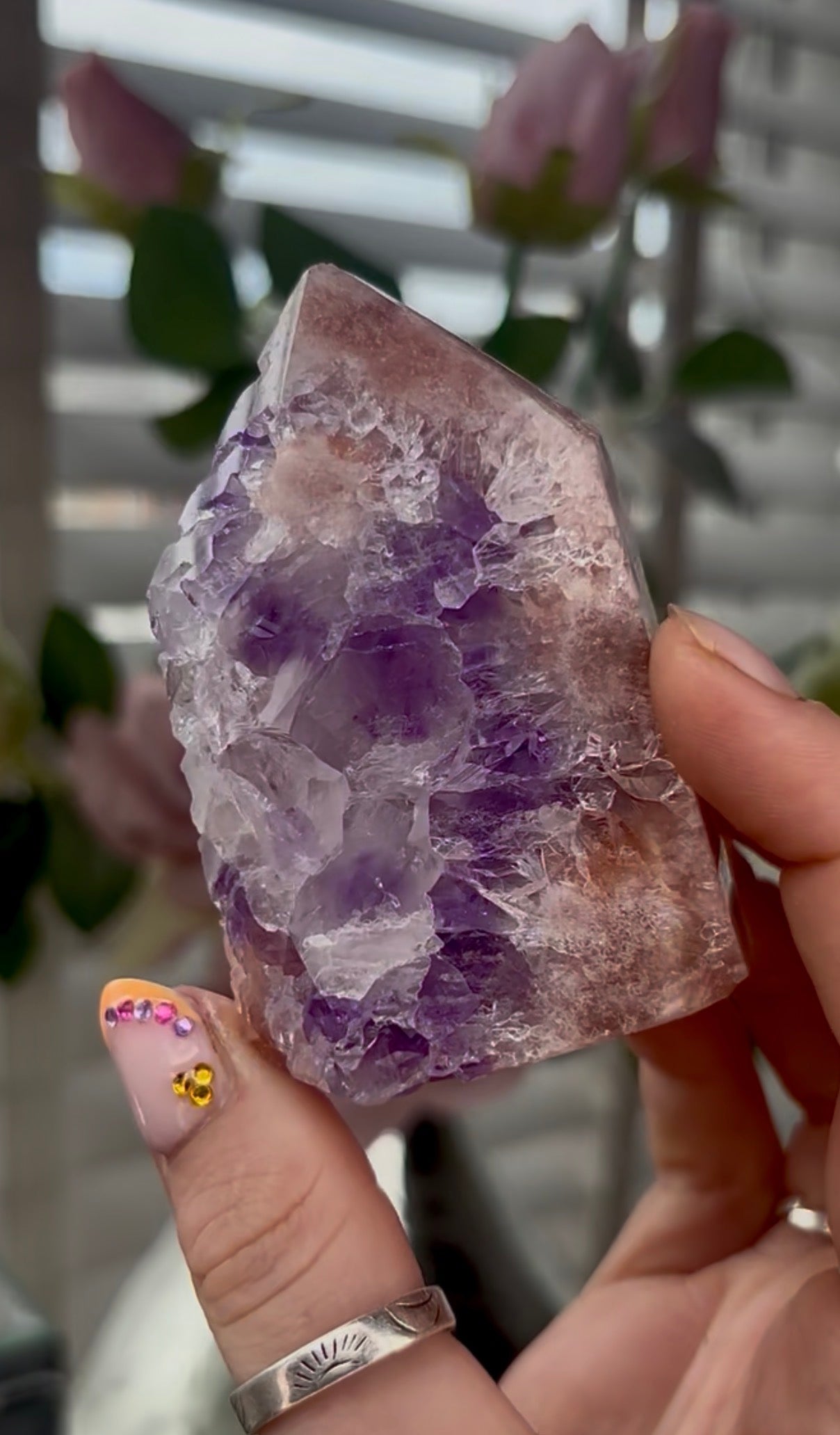 High quality, Pink amethyst tower, with purple quartz druzy