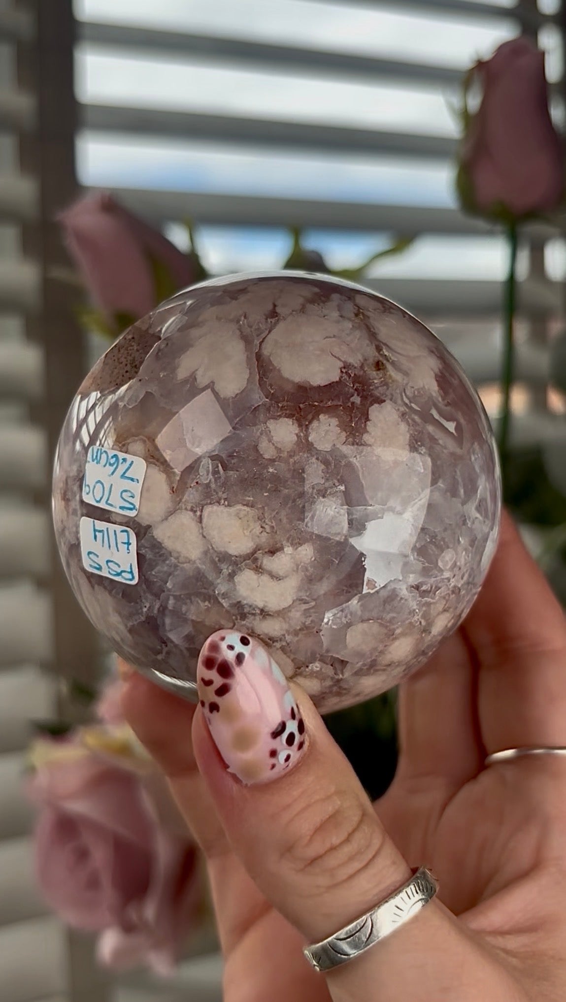 amethyst Flower agate sphere with high clarity quartz - 7.5cm