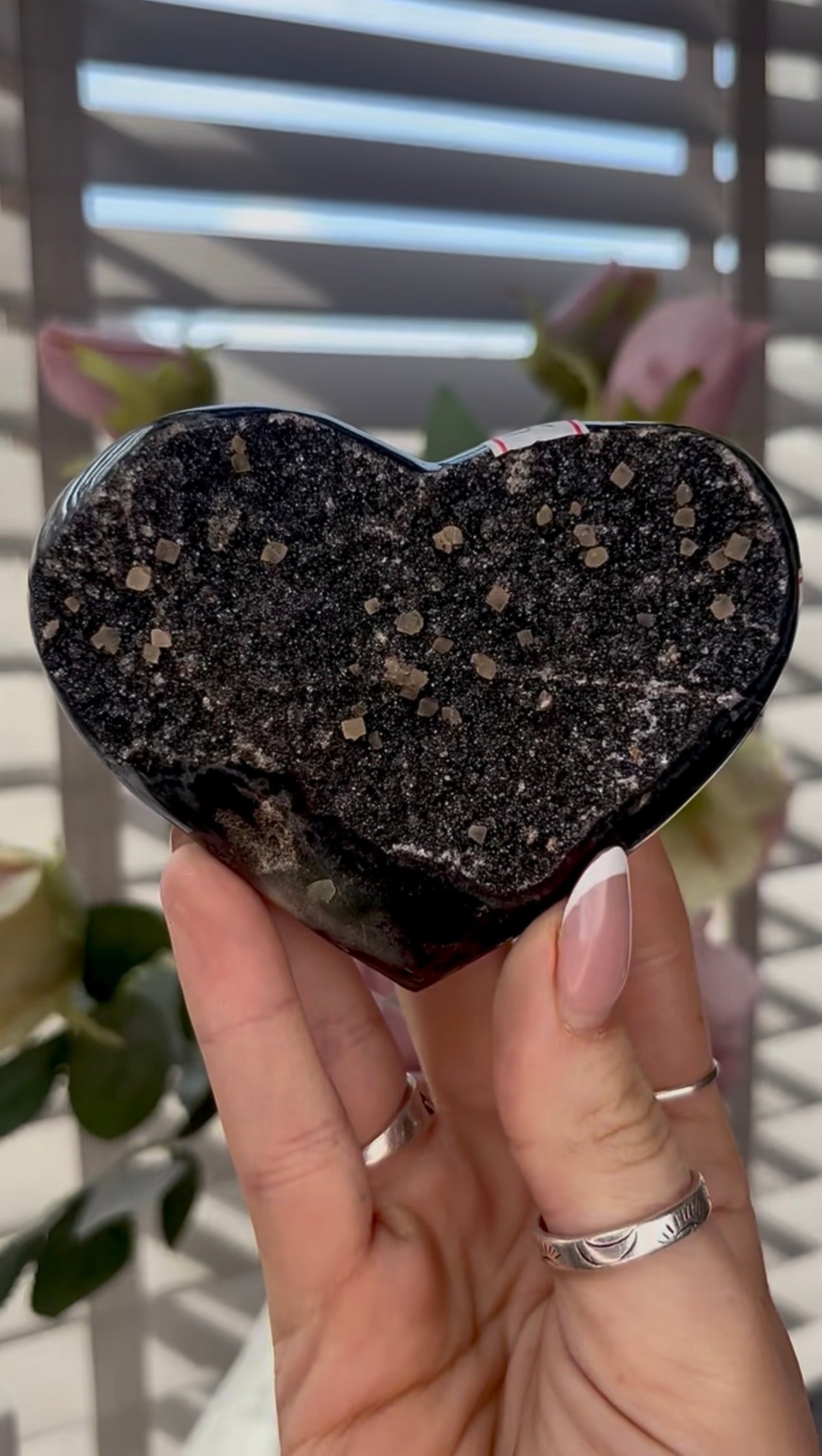 Black Uruguay amethyst heart with calcite - comes with stand