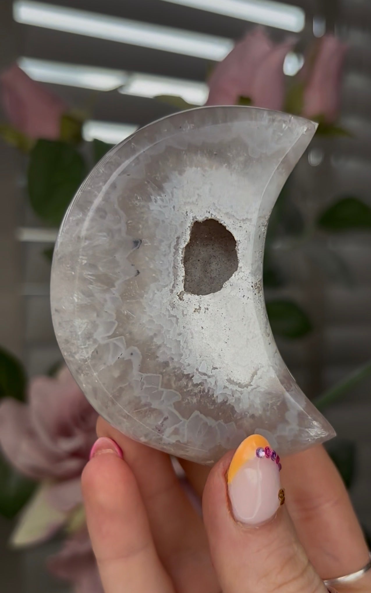 Beautiful, agate moon with druzy - comes with stand