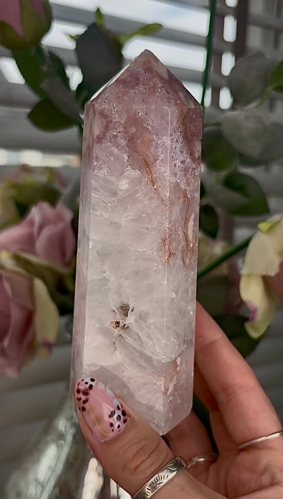 High grade, pink Flower agate tower with high clarity quartz