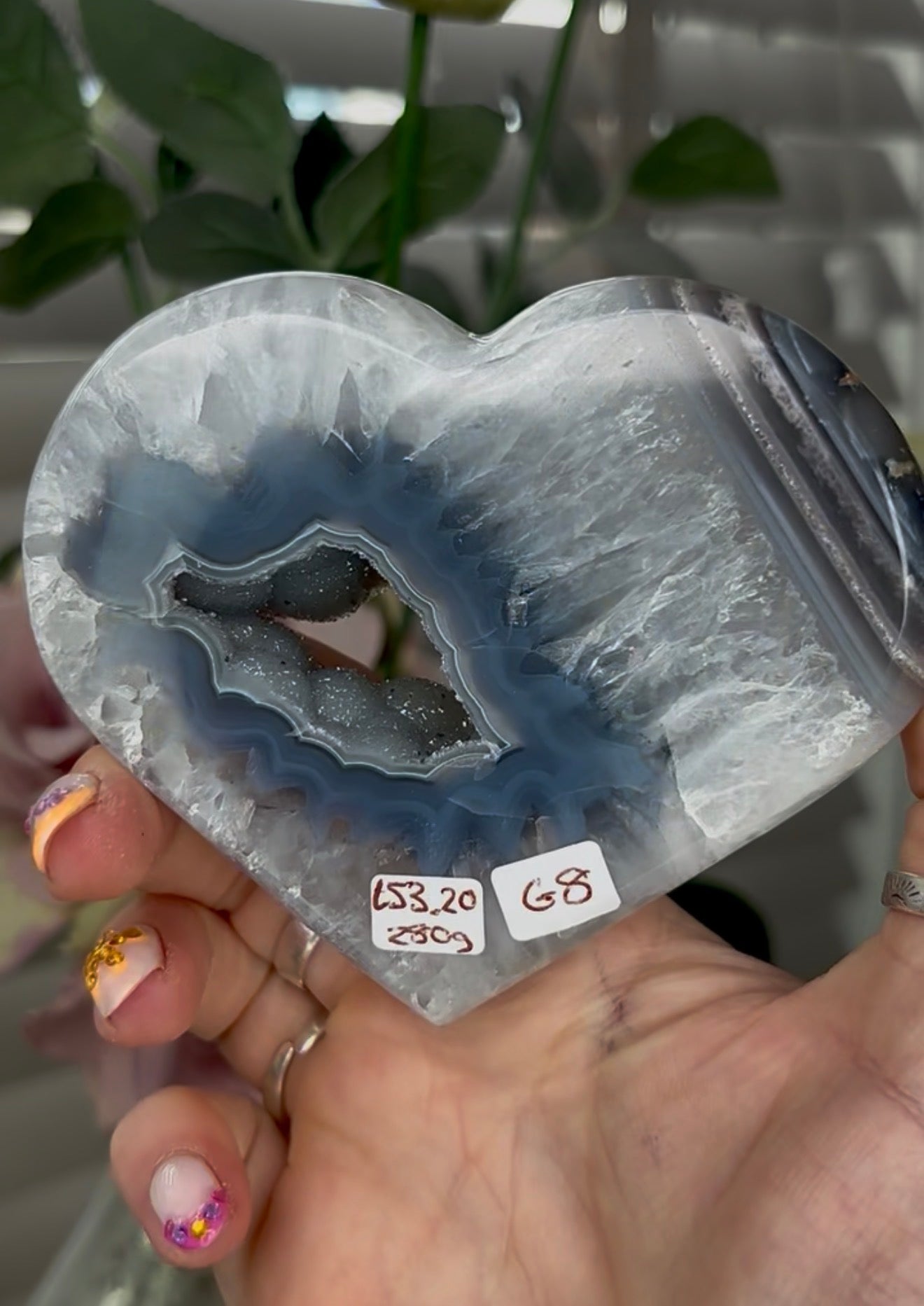 Beautiful, high quality, blue banded agate heart with druzy - stand included