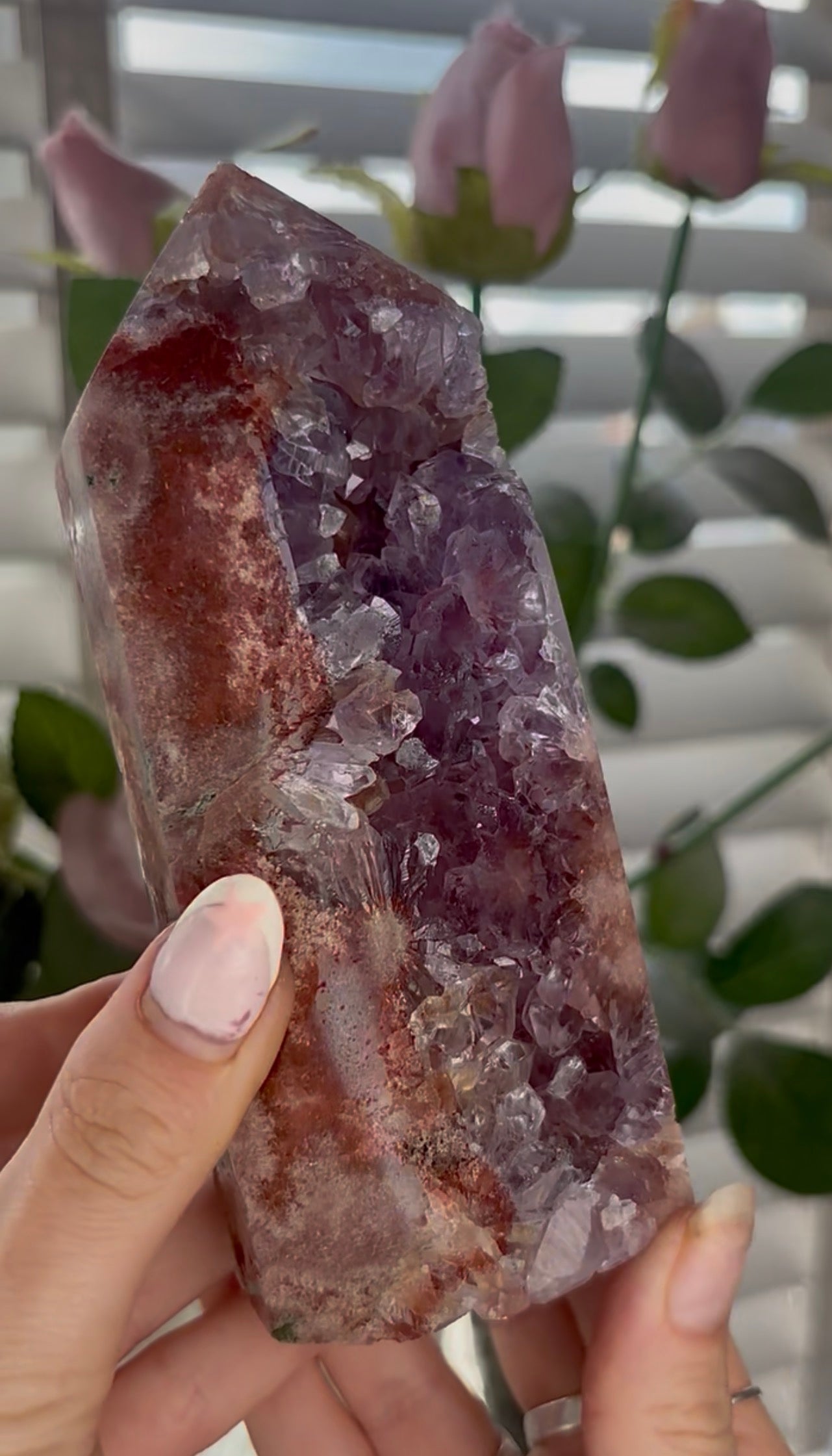 Beautiful, high quality, Pink amethyst tower with purple quartz