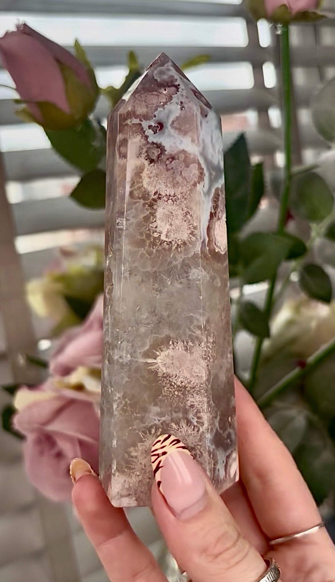 Stunning!! Super high quality, Druzy, green chlorite x blue flower agate tower