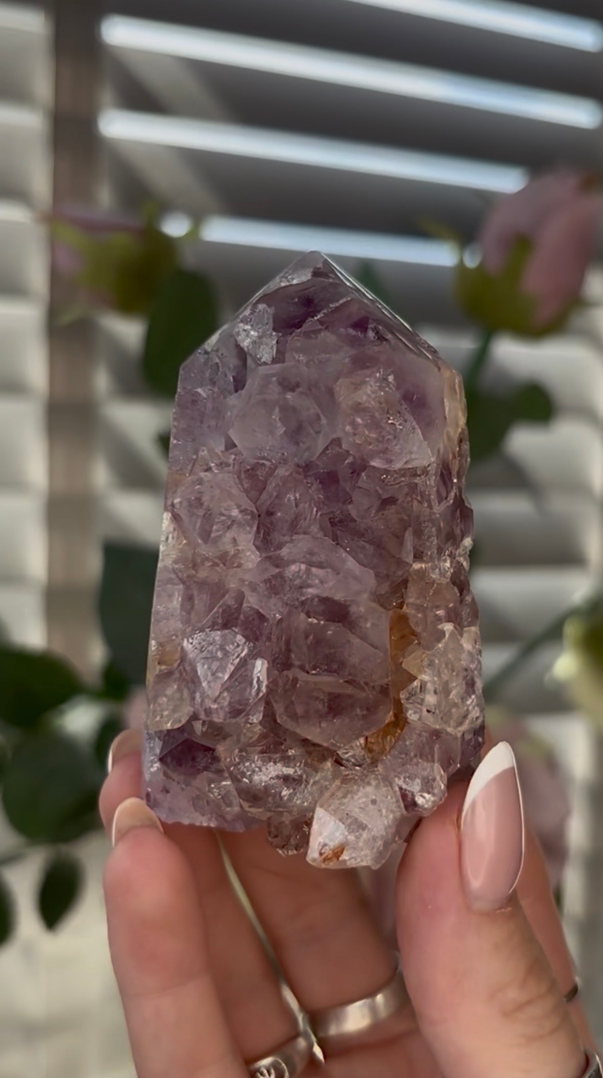 Beautiful, chunky Pink amethyst tower with purple quartz 8cm(h) by 5cm(w)