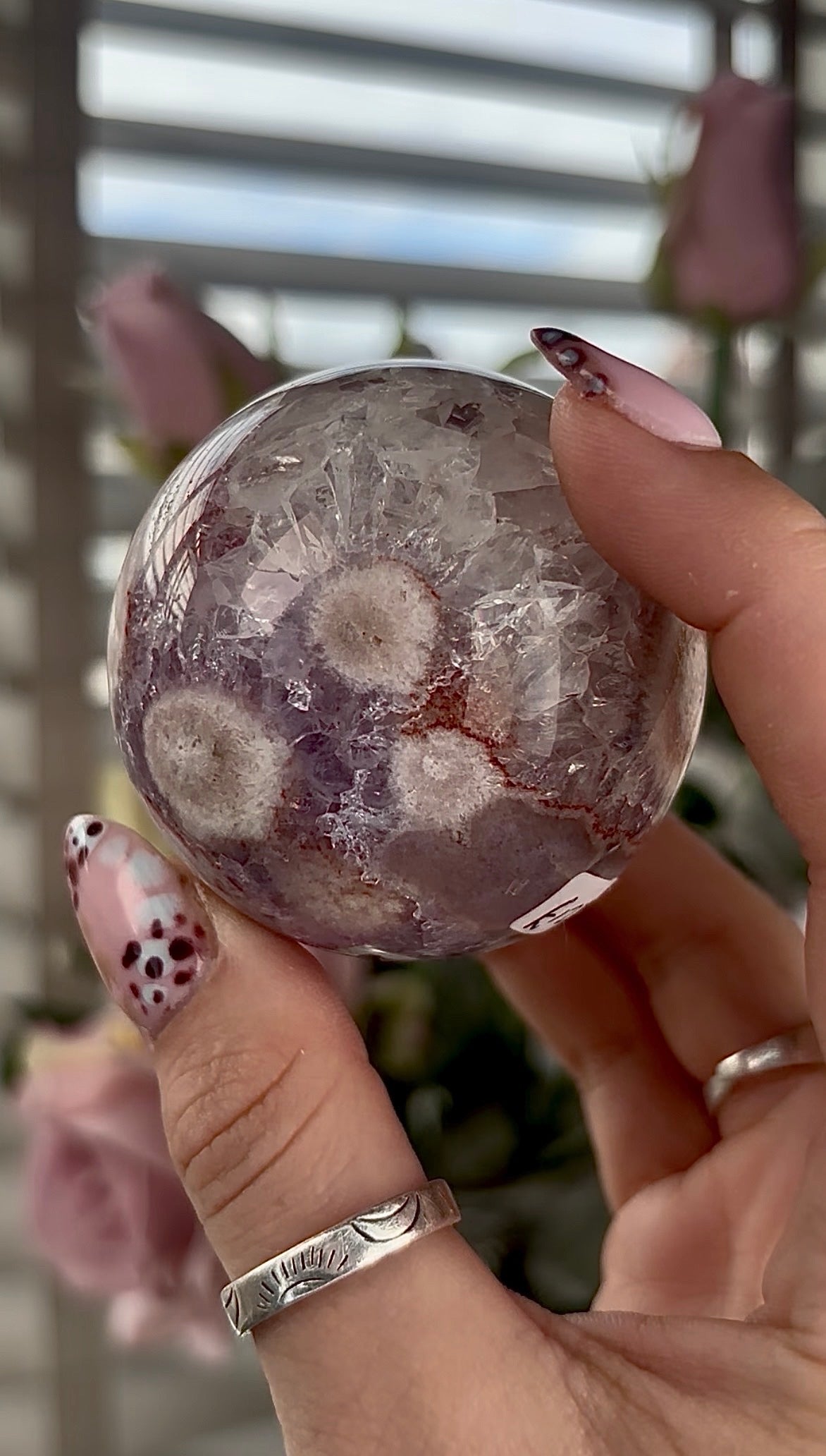 High grade, amethyst Flower agate sphere with high clarity quartz