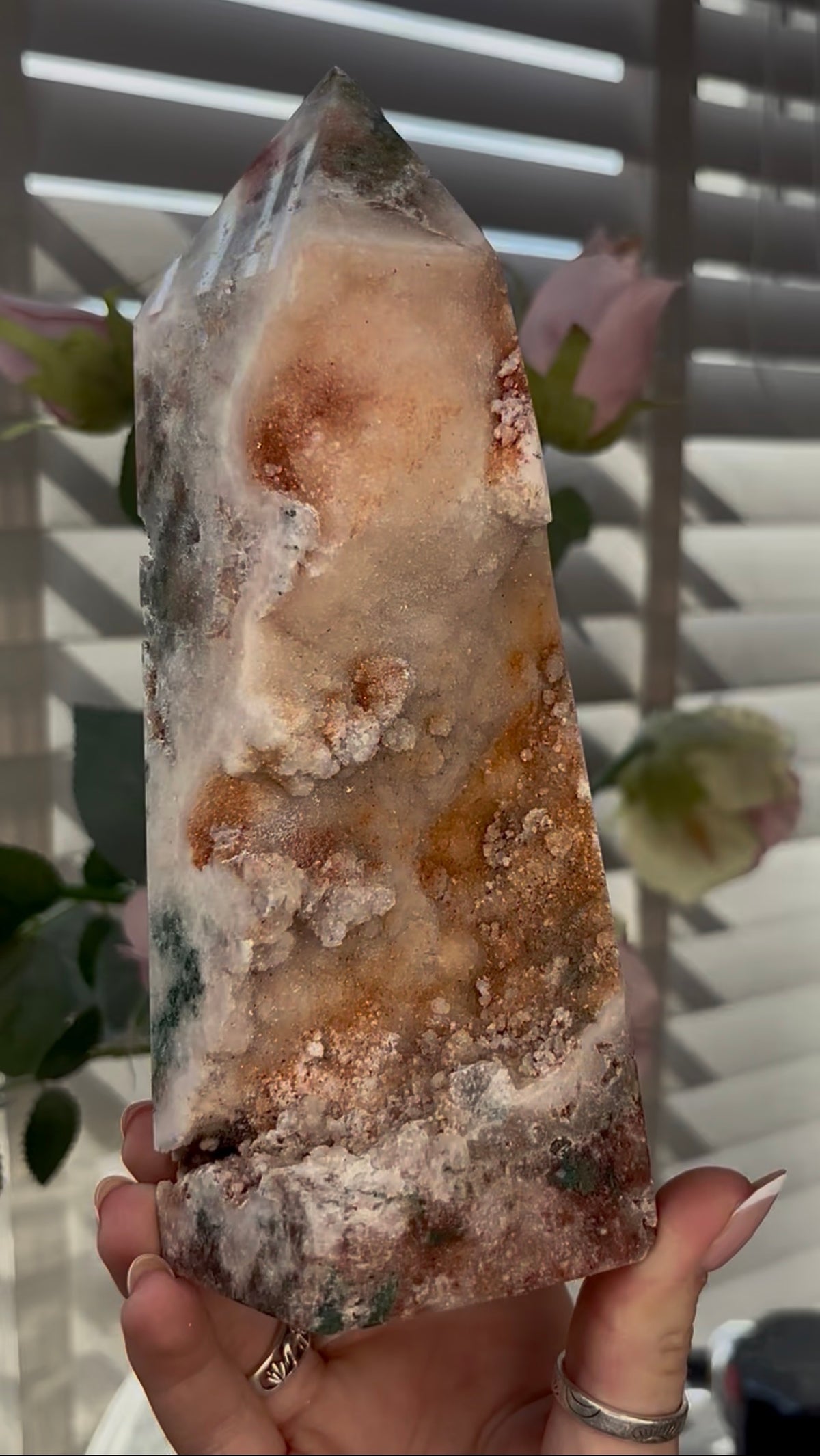Beautiful, Pink amethyst tower with Jasper 19.5cm(h) by 7.5cm(w)