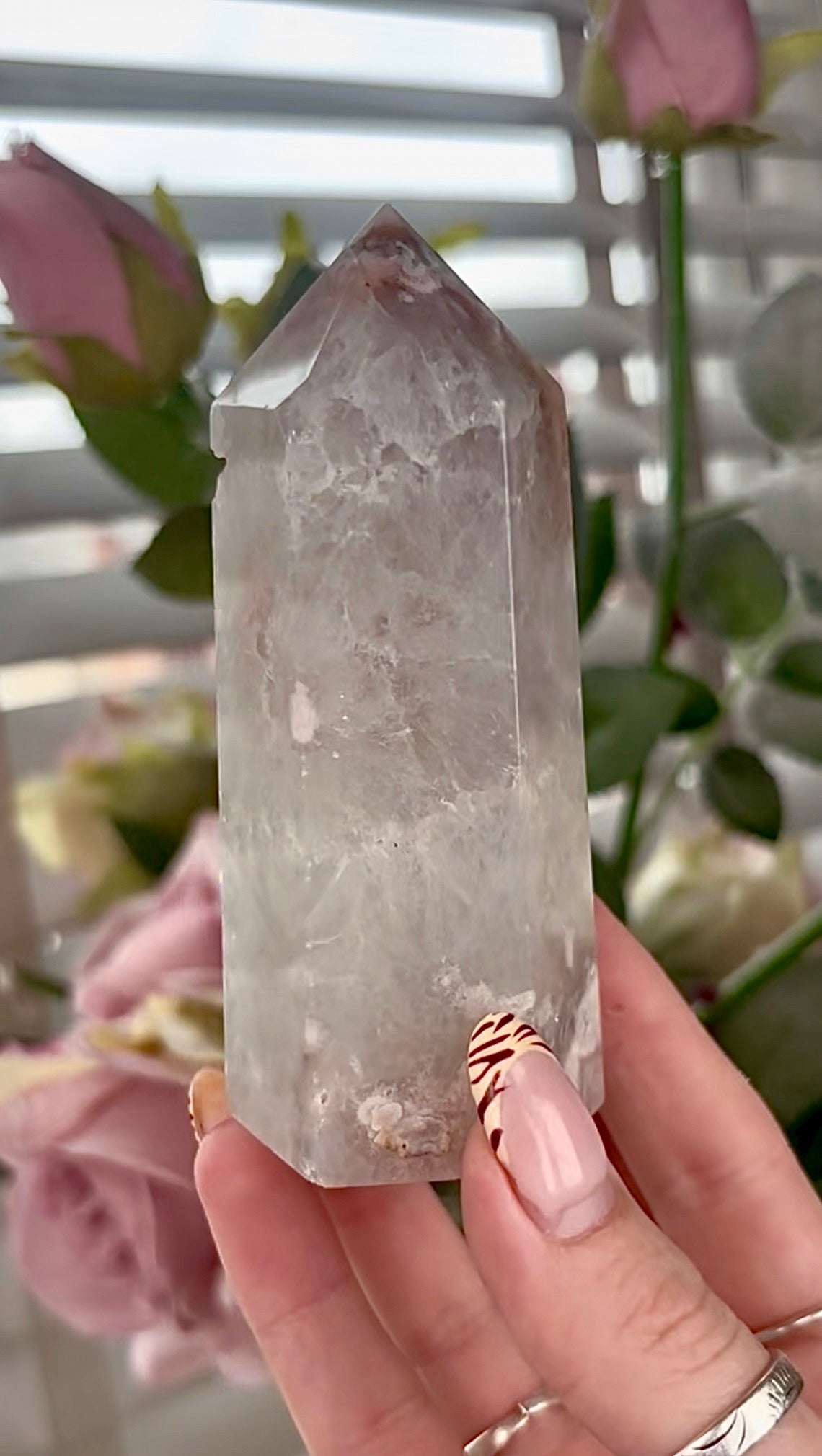 Stunning!! Super high quality, Druzy, green chlorite x blue flower agate tower
