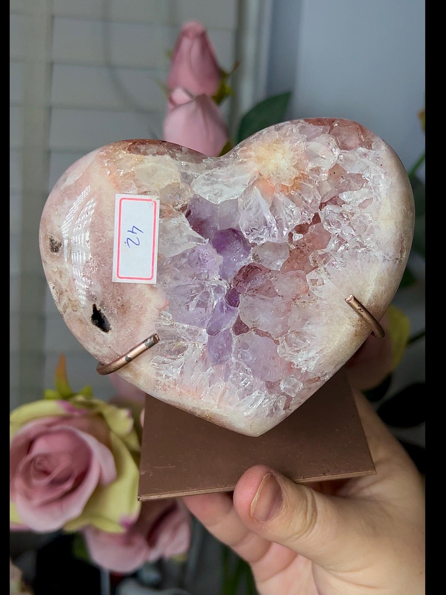 High grade, pink amethyst heart with a Beautiful flower, purple quartz & hematite lining 510g with stand