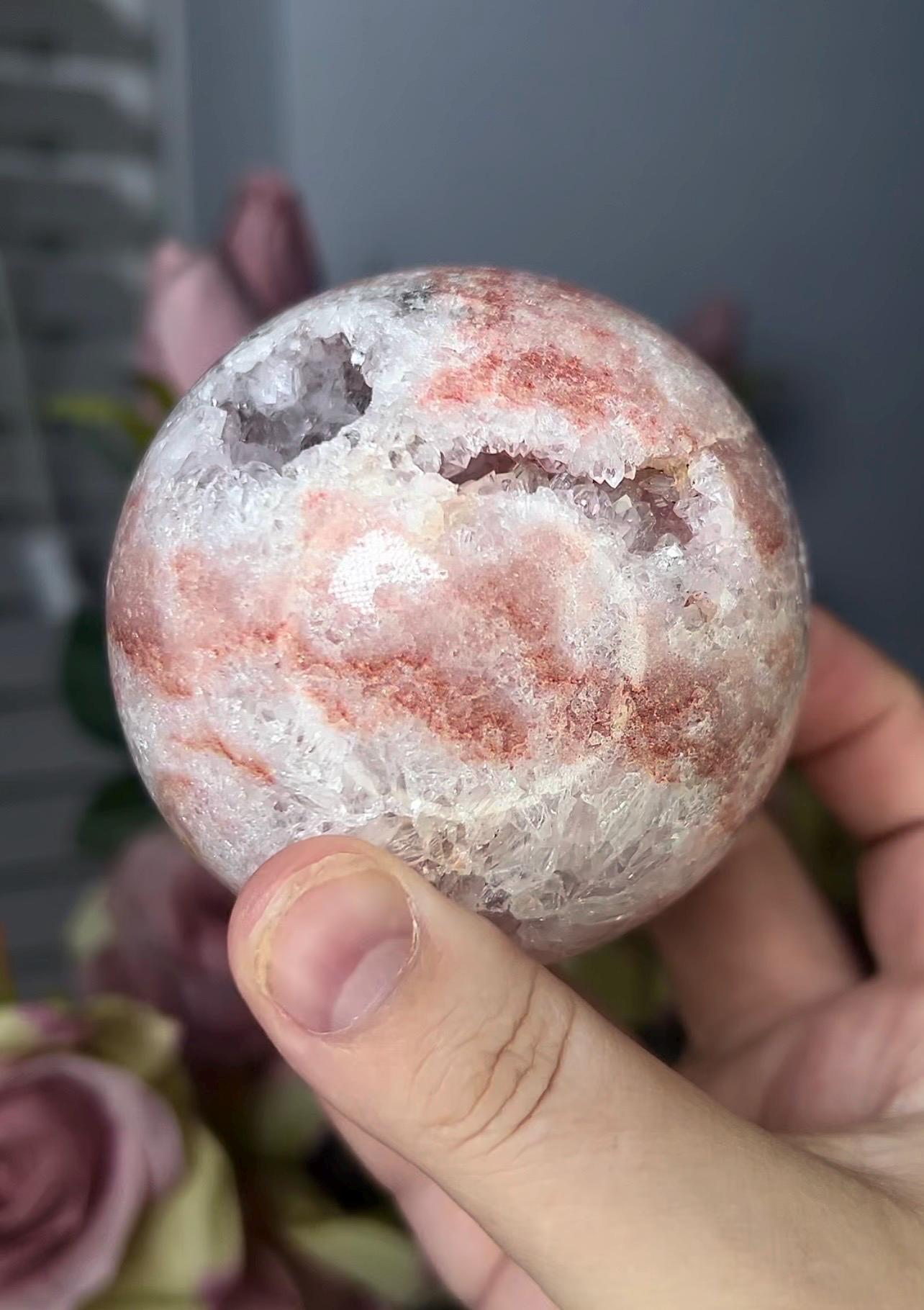 High grade, pink amethyst sphere with quartz 555g