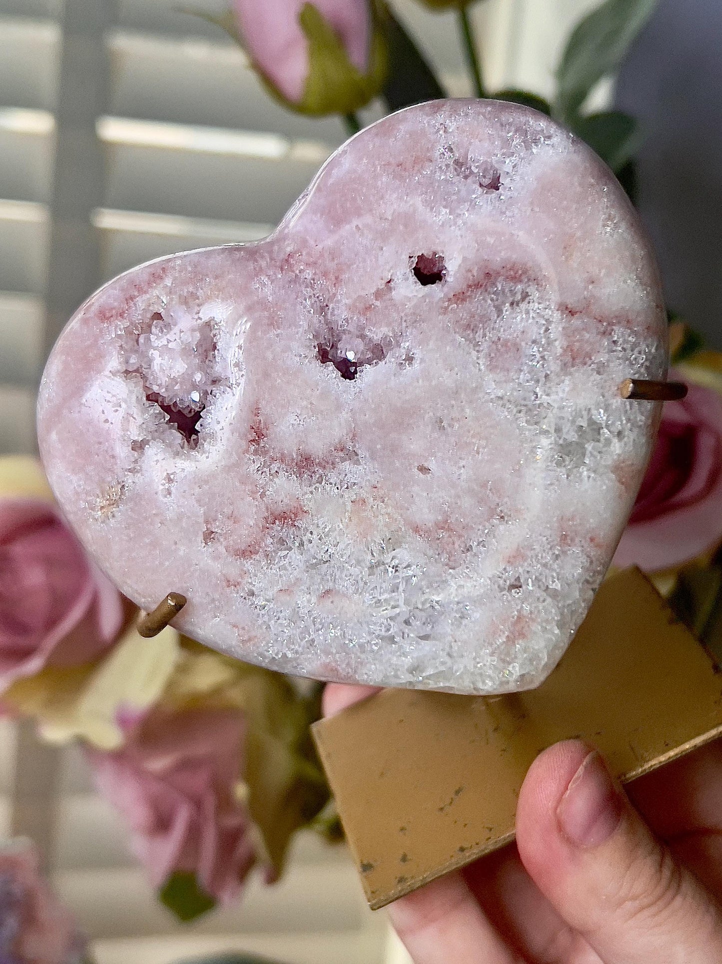 Pink amethyst heart with quartz druzy and stand which has scratches (discount added) can easily be repainted