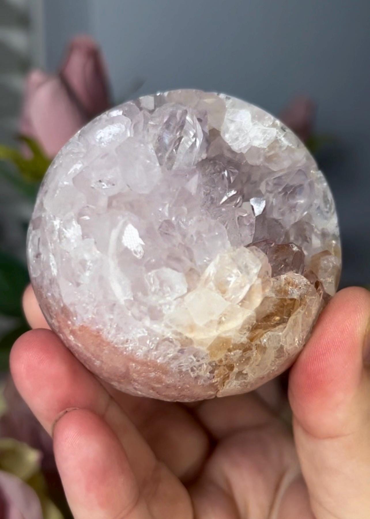 High grade, pink amethyst sphere with high clarity, rainbow, quartz teeth 429g