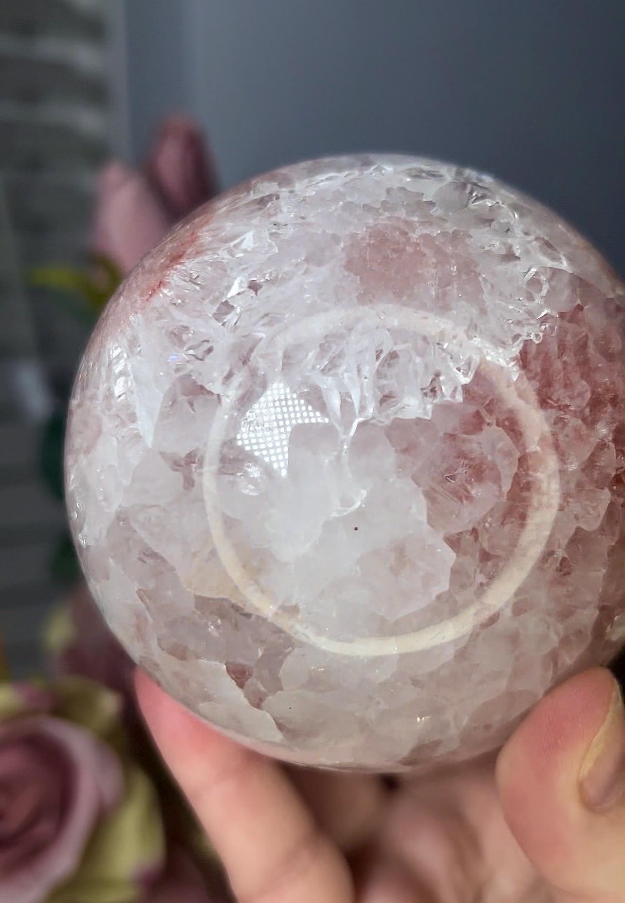 High grade, pink amethyst sphere with quartz and flower formations 928g
