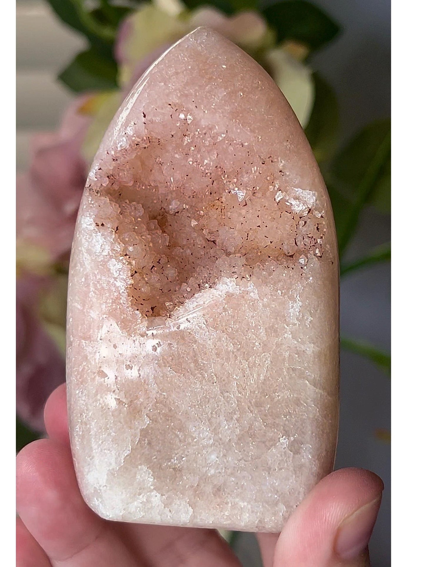 High grade, peach toned pink amethyst flame