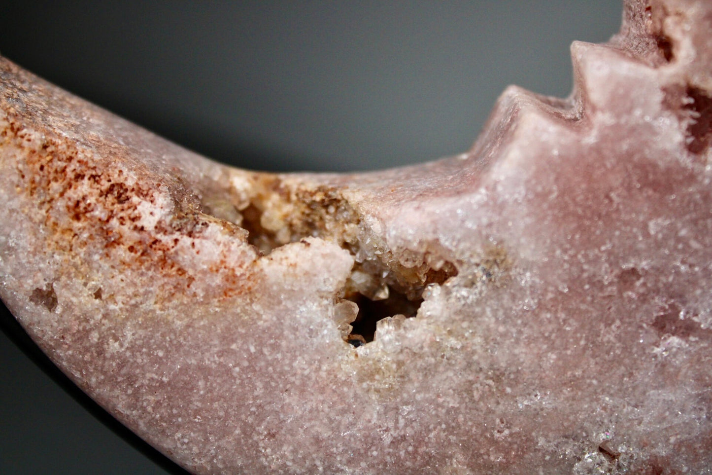 High quality, Pink amethyst, crescent moon with face, on stand from brazil with green jasper vein