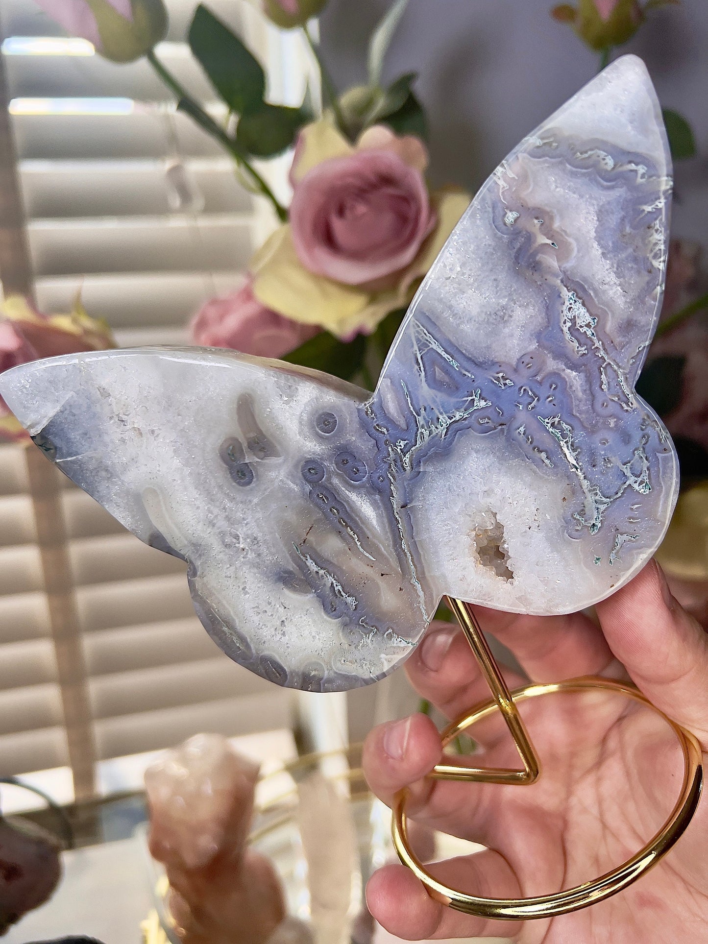 High grade, blue moss agate & quartz, butterfly with, gold pedestal stand