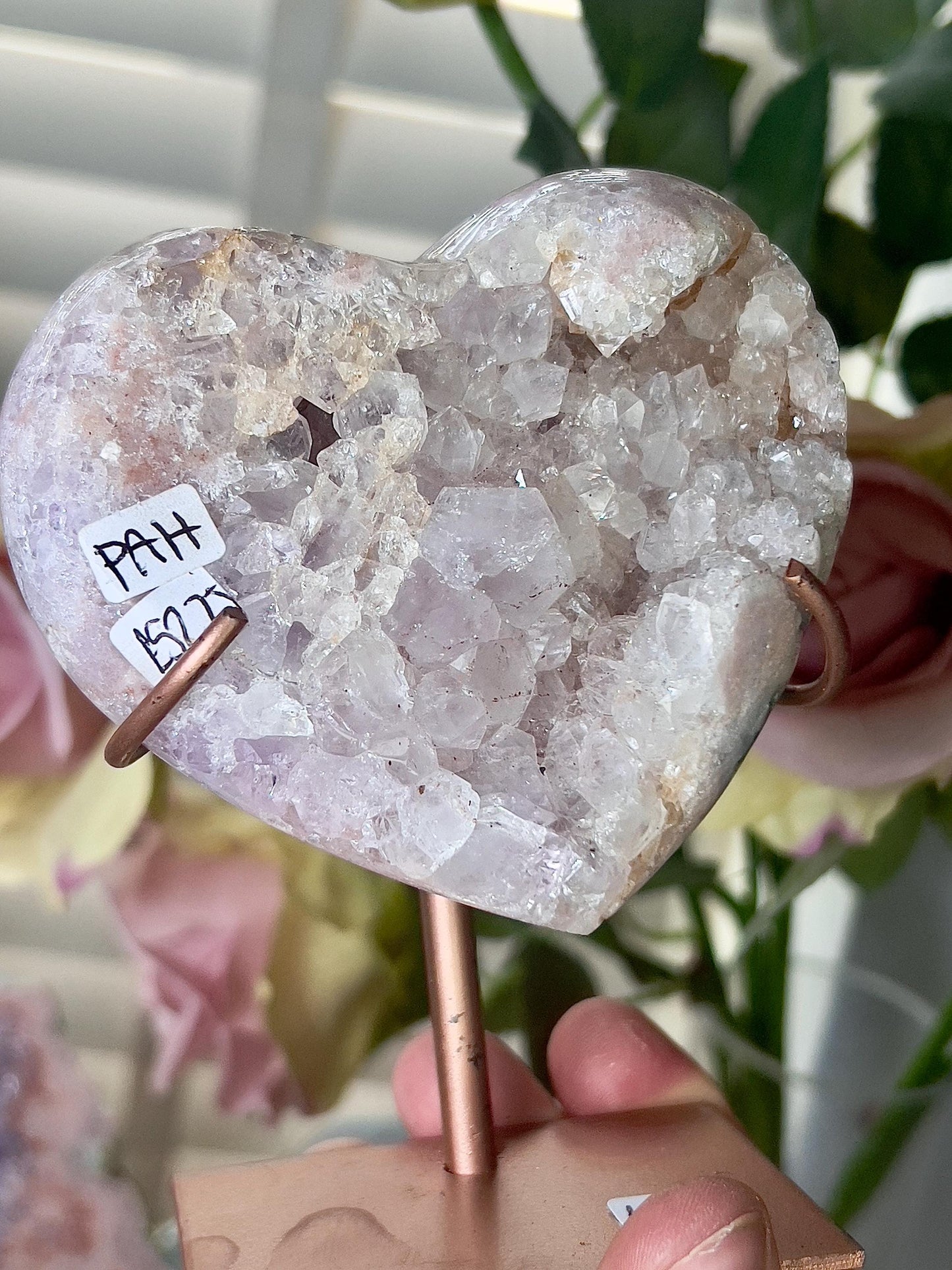 Pink amethyst heart on stand
