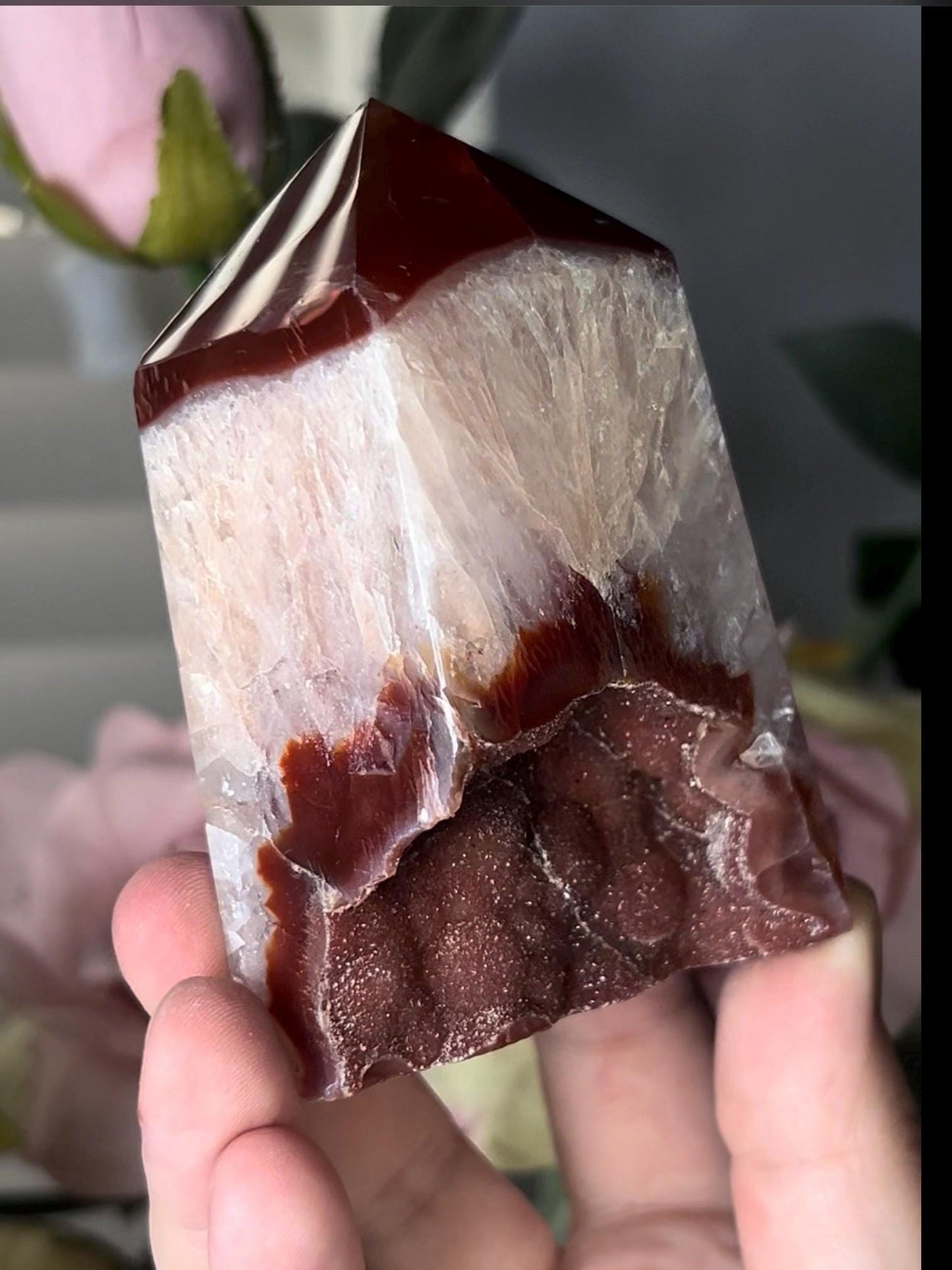 Extra quality, chinky red agate, carnelian tower with quartz & sugar druzy - stands perfectly