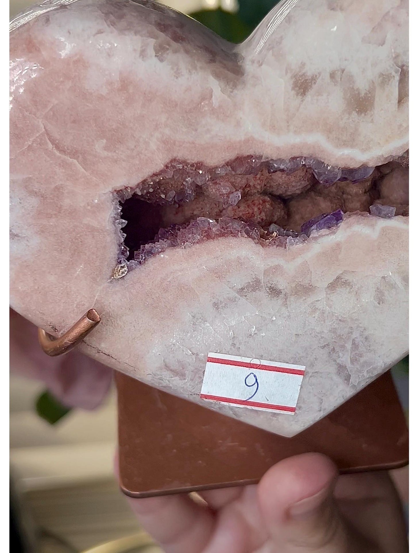 Extra high quality, large Chonky, pink amethyst heart, with purple/ red quartz druzy mouth 850g