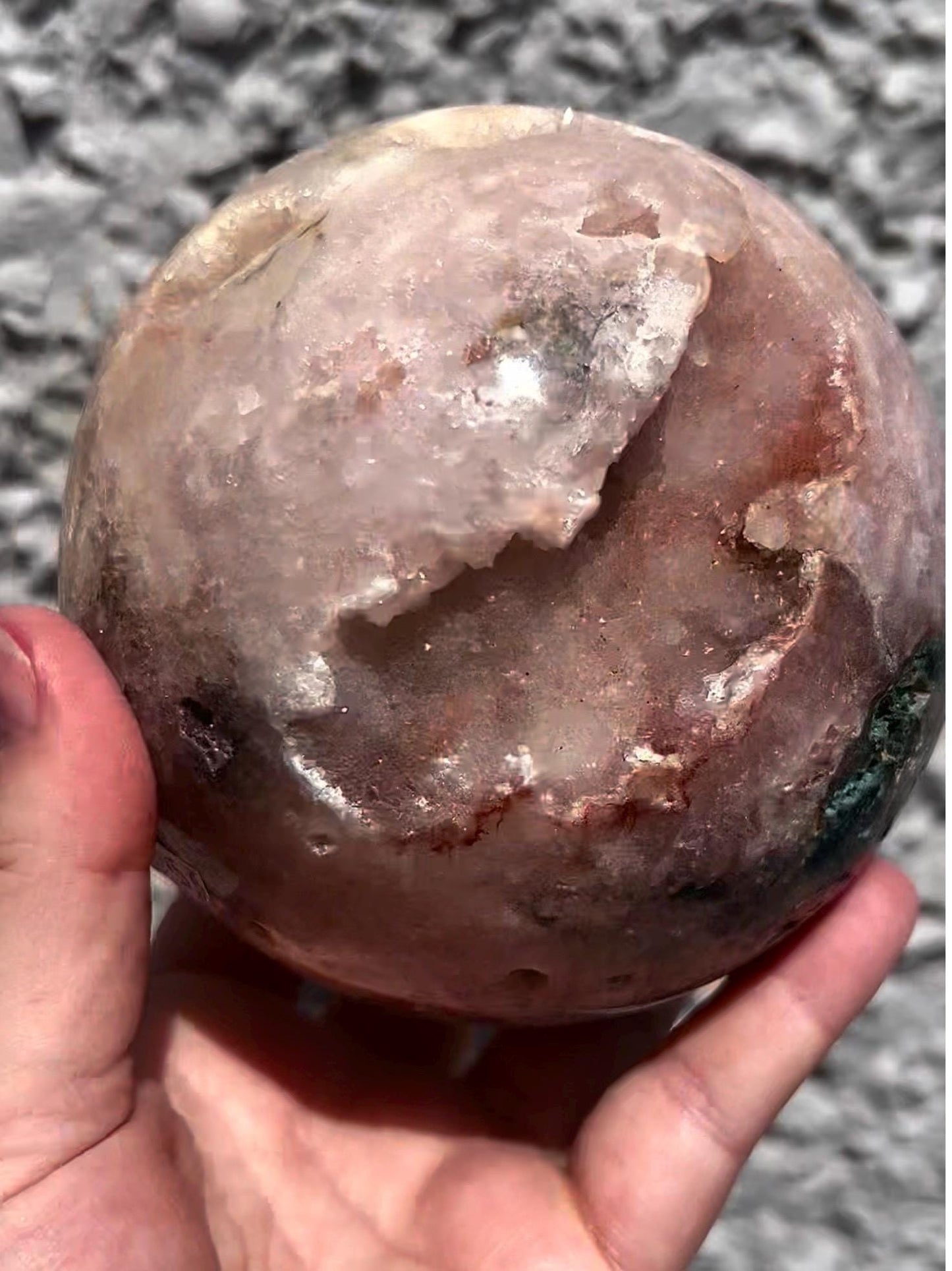 large, statement, pink amethyst sphere, with sugar druzy and jasper 1.626kg