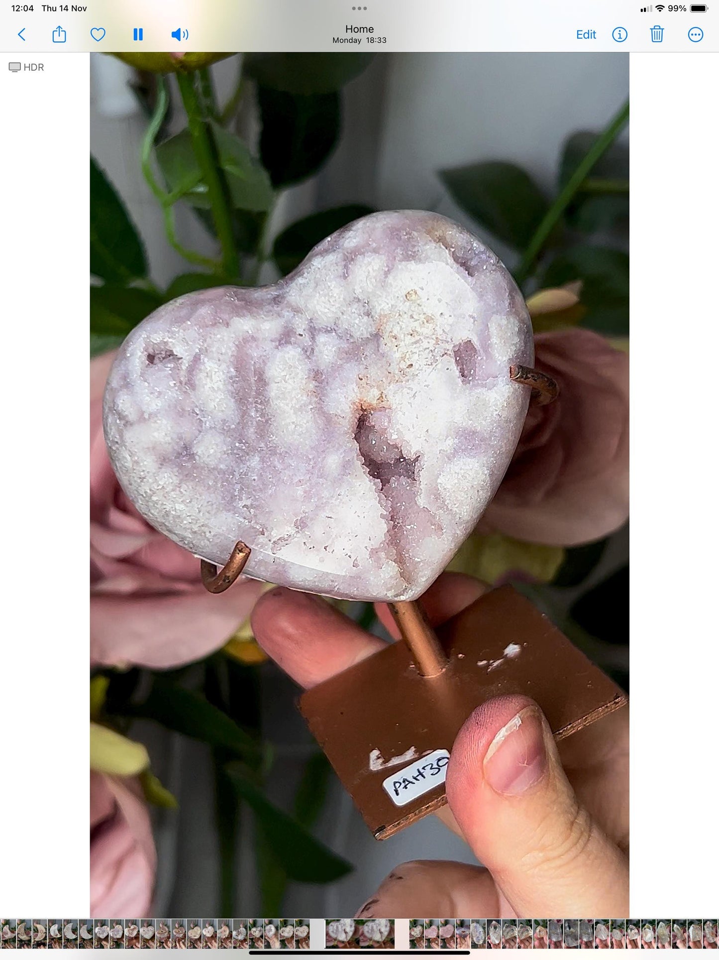 Beautiful, lilac, pink amethyst heart in with sugar druze, on stand which has scratches but can be repainted easily