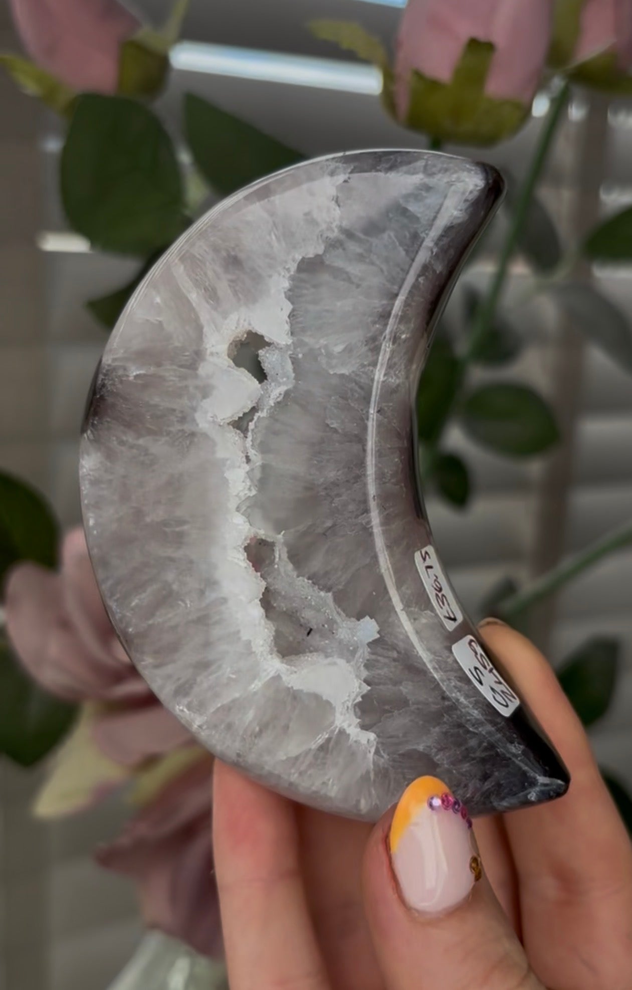 Beautiful, high grade, agate moon with druzy - comes with stand