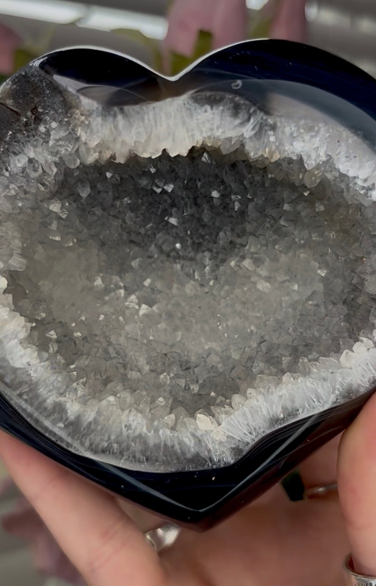 Beautiful, high grade, agate heart with druzy - comes with stand