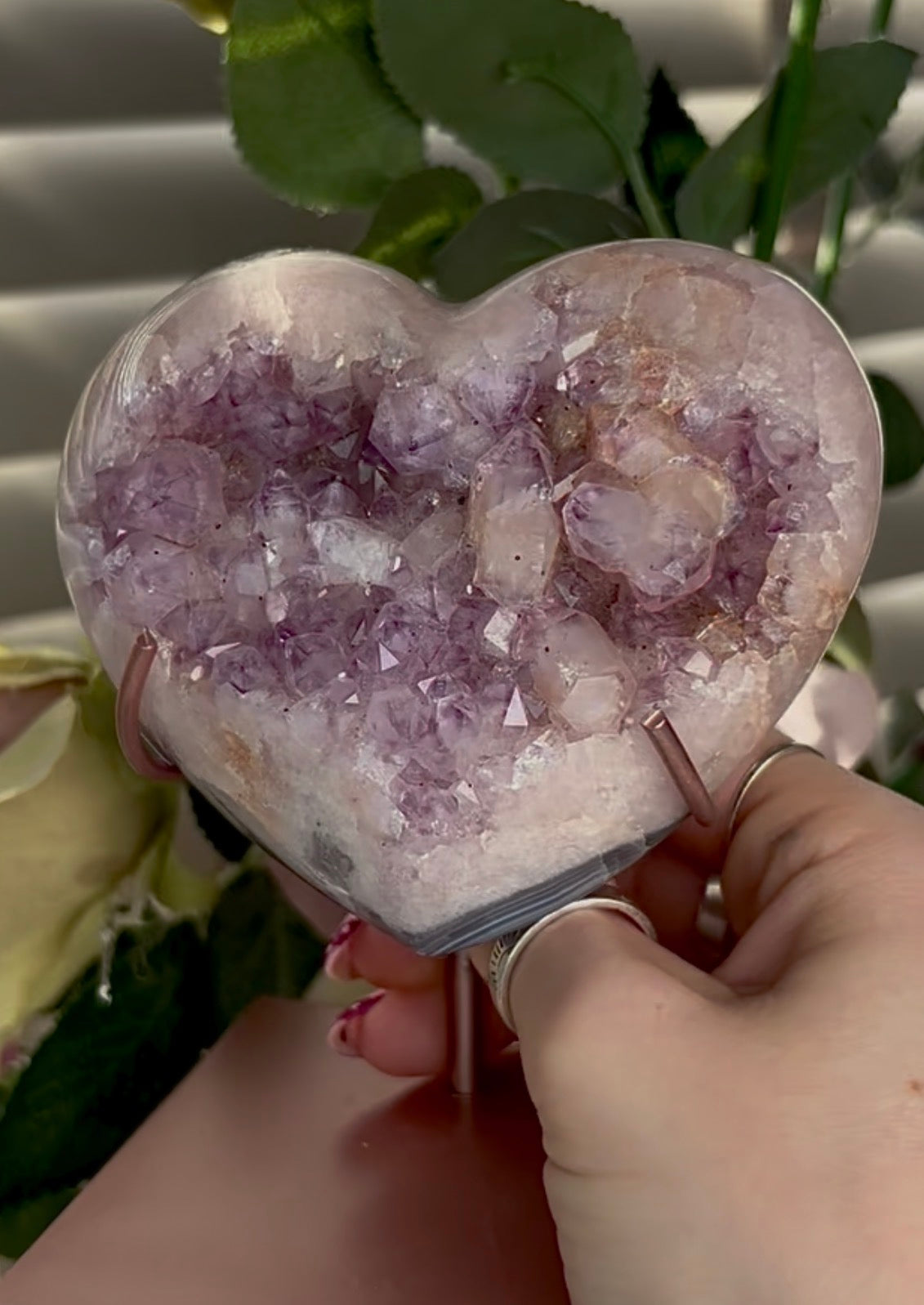 Gorgeous pink amethyst heart with agate and chunky bubble gum Druze  - comes with stand