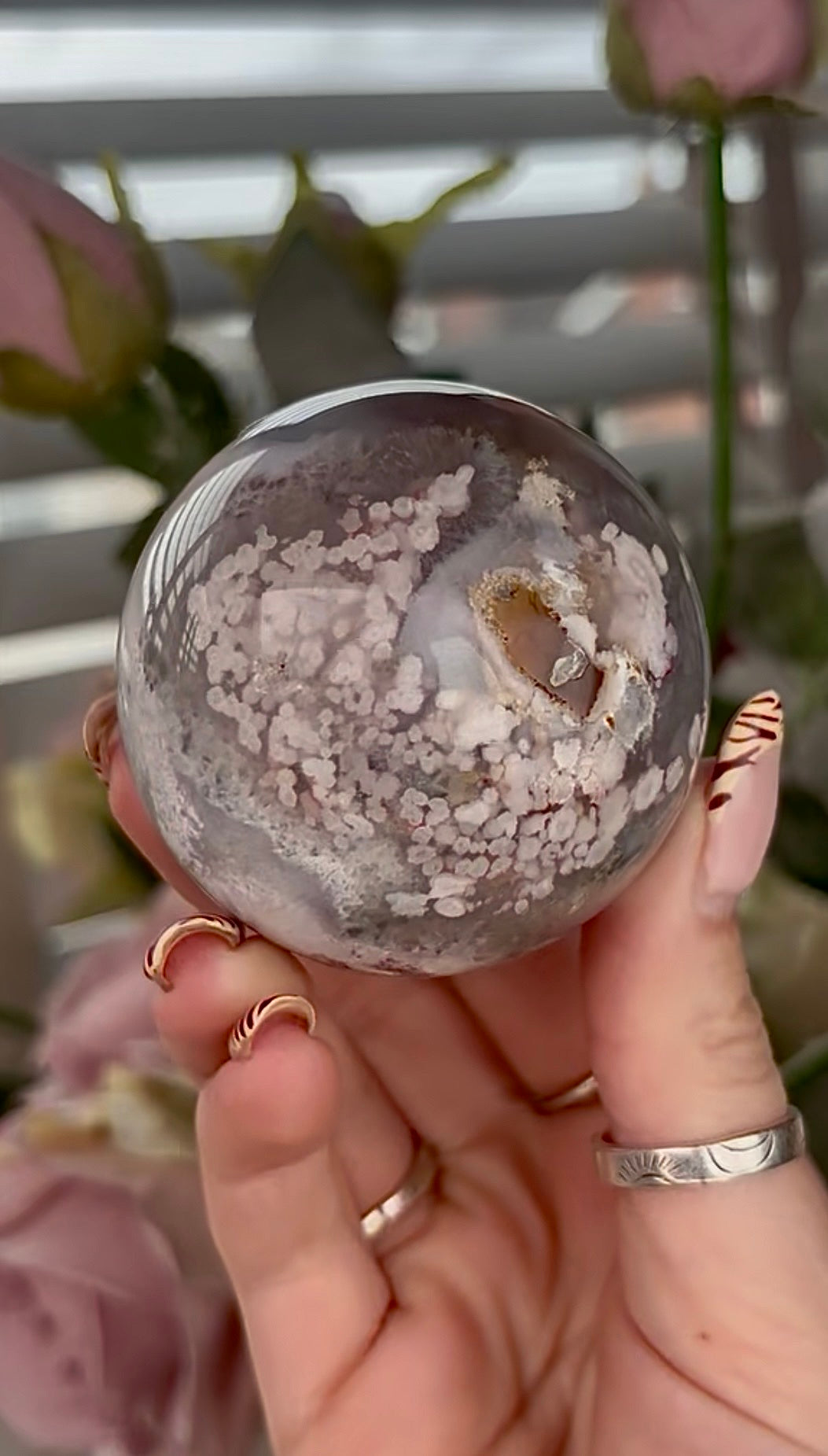 Stunning!! Super high quality, Druzy, green chlorite x blue flower agate sphere
