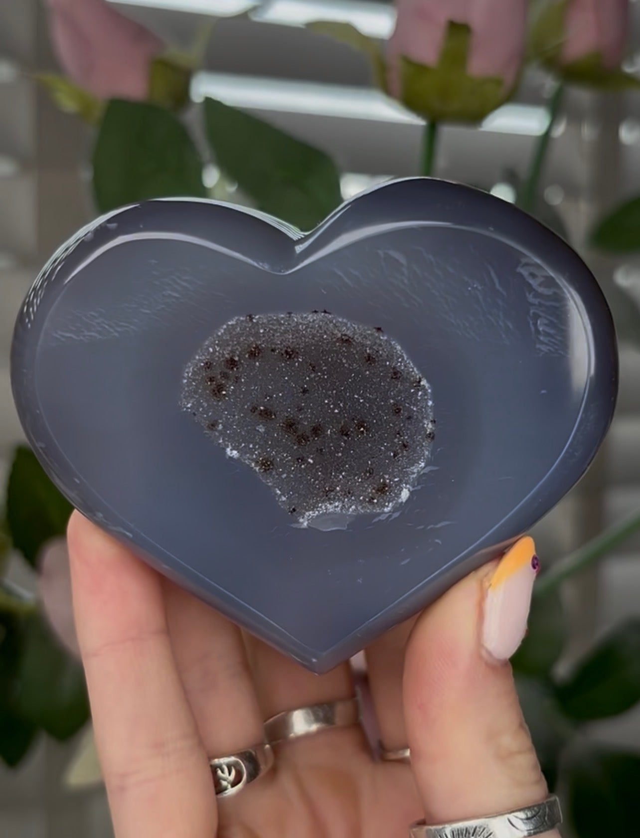 Beautiful, high grade, blue agate heart with druzy - comes with stand