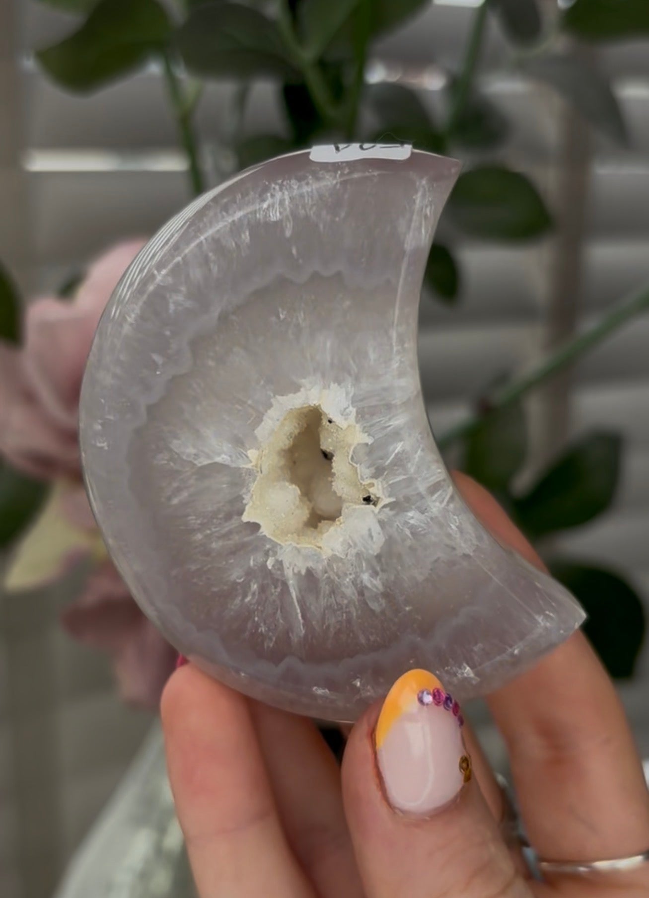Beautiful, high grade, agate moon with druzy - comes with stand