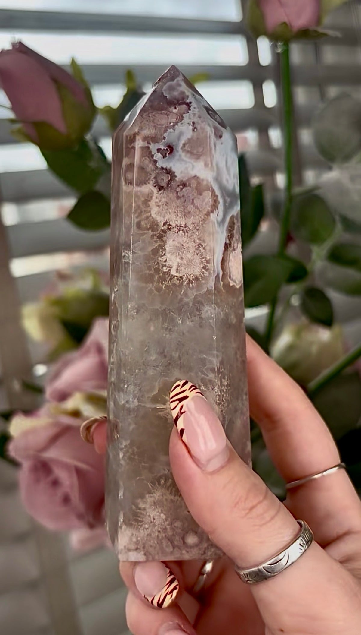 Stunning!! Super high quality, Druzy, green chlorite x blue flower agate tower