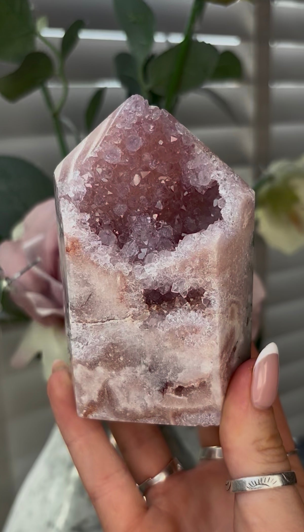 Beautiful, hq, druzy, Pink amethyst tower 10.3cm(h) by 6cm(w)