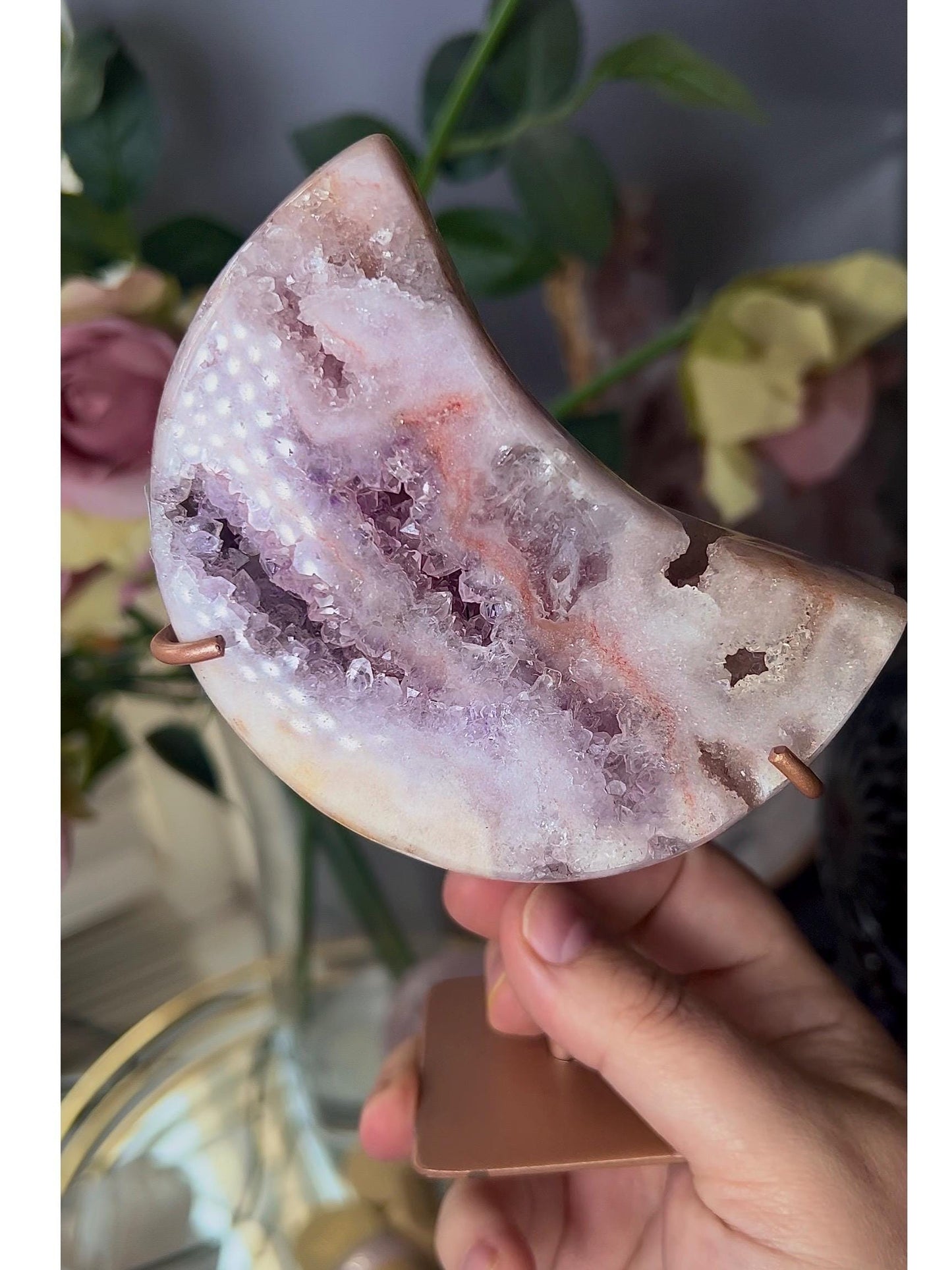 High grade, pink amethyst moon with purple quartz druze, rutile, sugar druzy formations and some red hematite lines 405g
