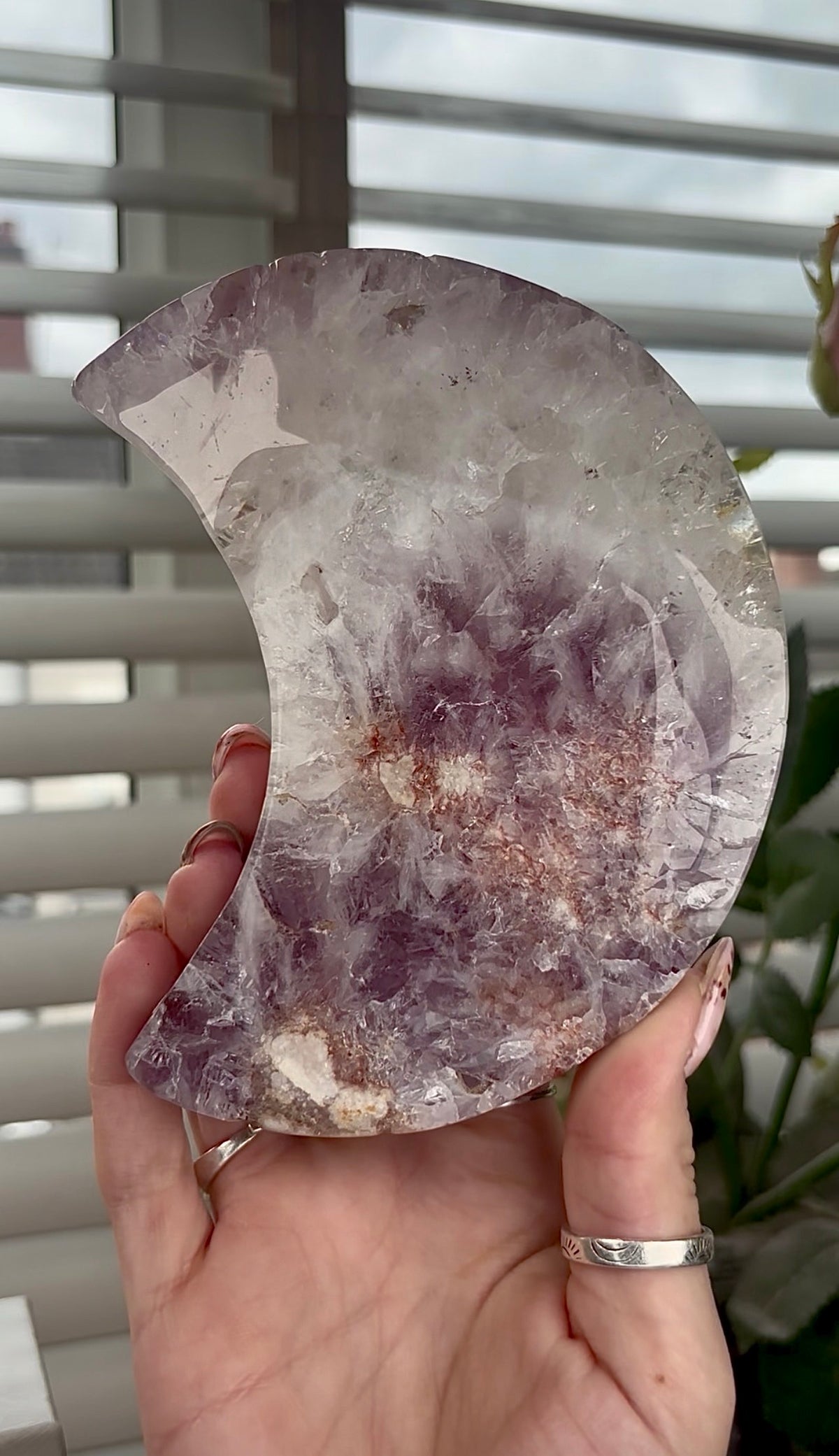 High grade, amethyst Flower agate moon with high clarity quartz