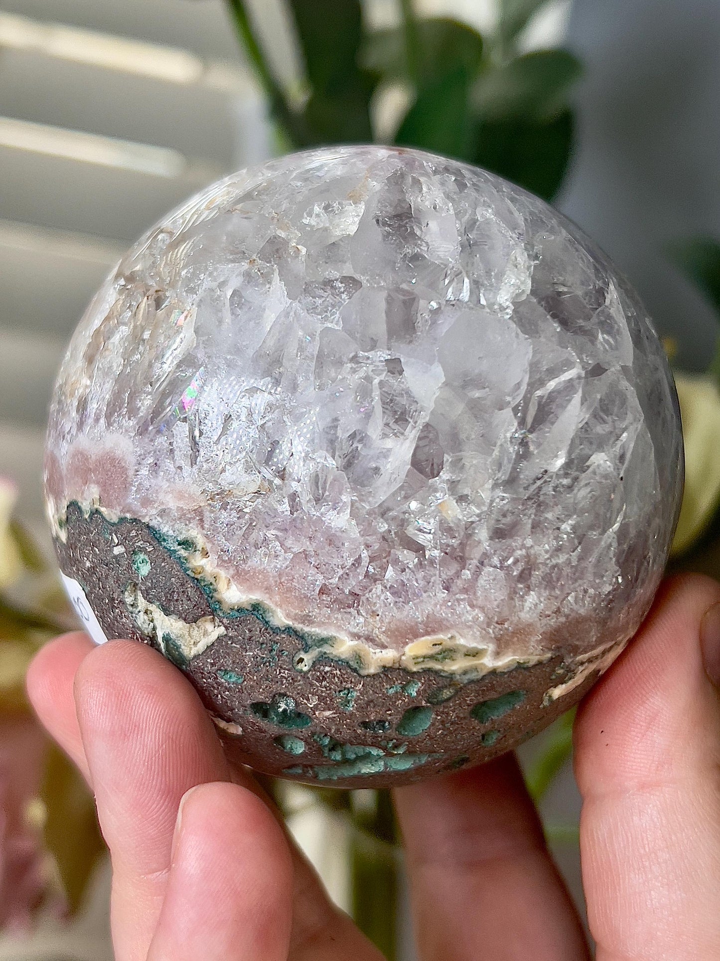 high grade, gorgeous pink amethyst sphere, with incredible quartz druzy
