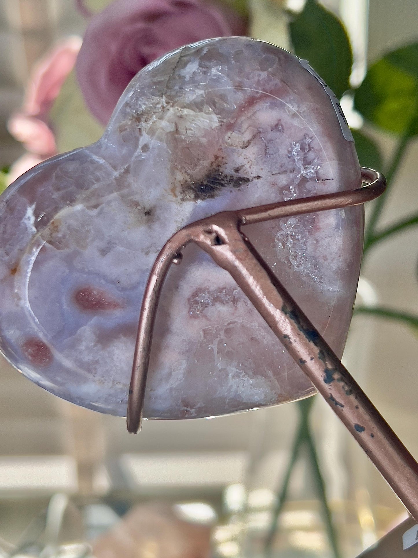 Pink amethyst & quartz heart on custom stand - which has scratches (discount added) can easily be repainted