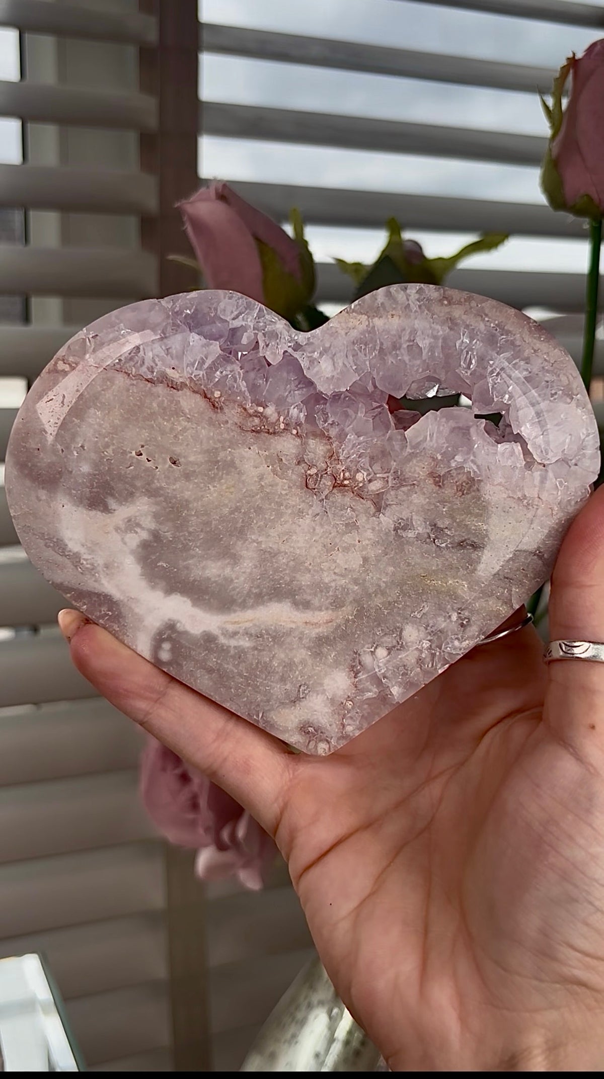 High grade, amethyst Flower agate heart with high clarity quartz