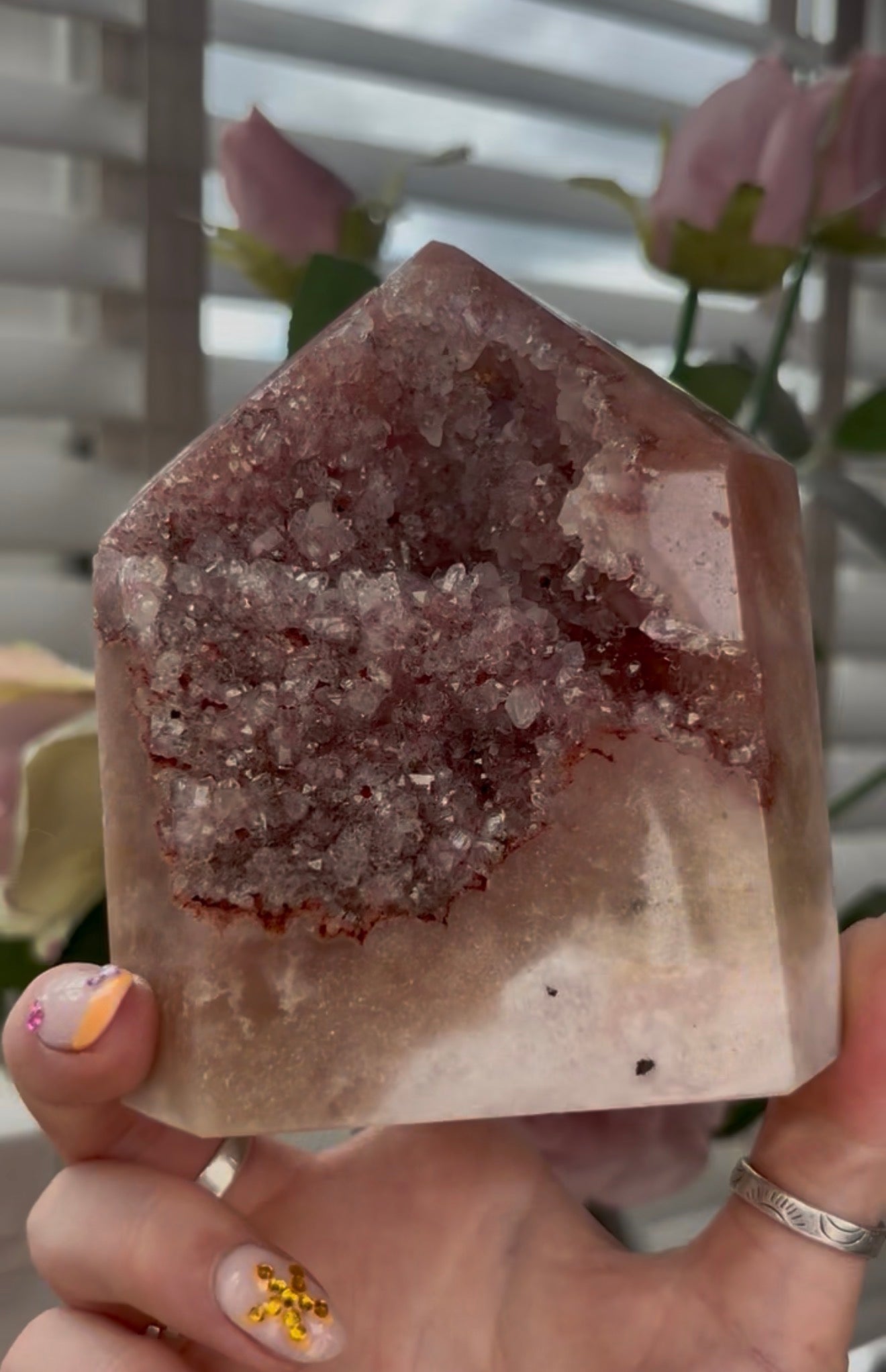 Pretty, high grade, Pink amethyst tower with gorgeous Druzy in burnt orange tones