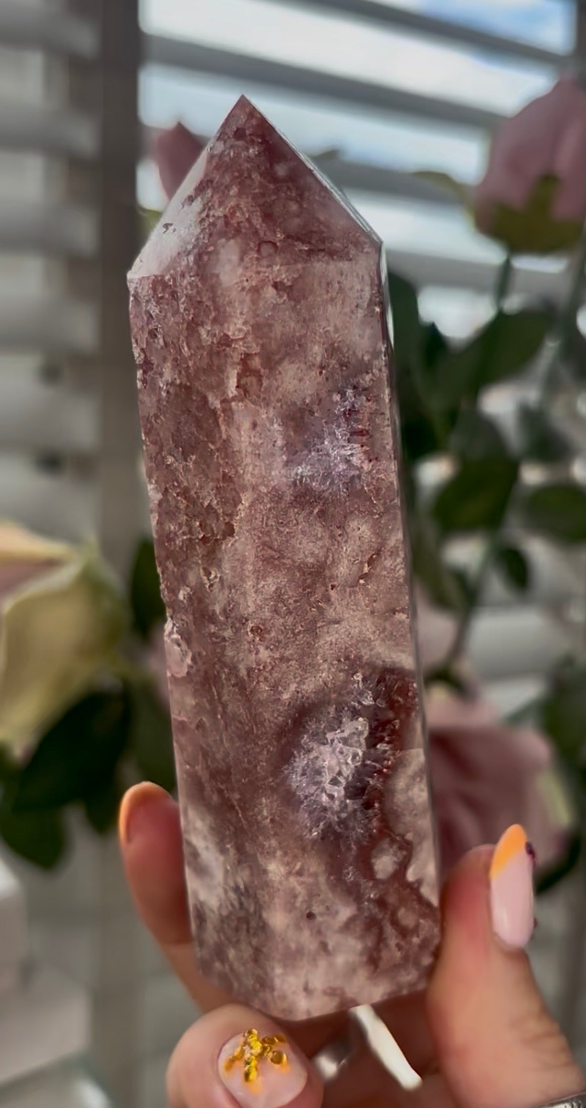 Pretty, Pink amethyst tower with quartz & Green jasper