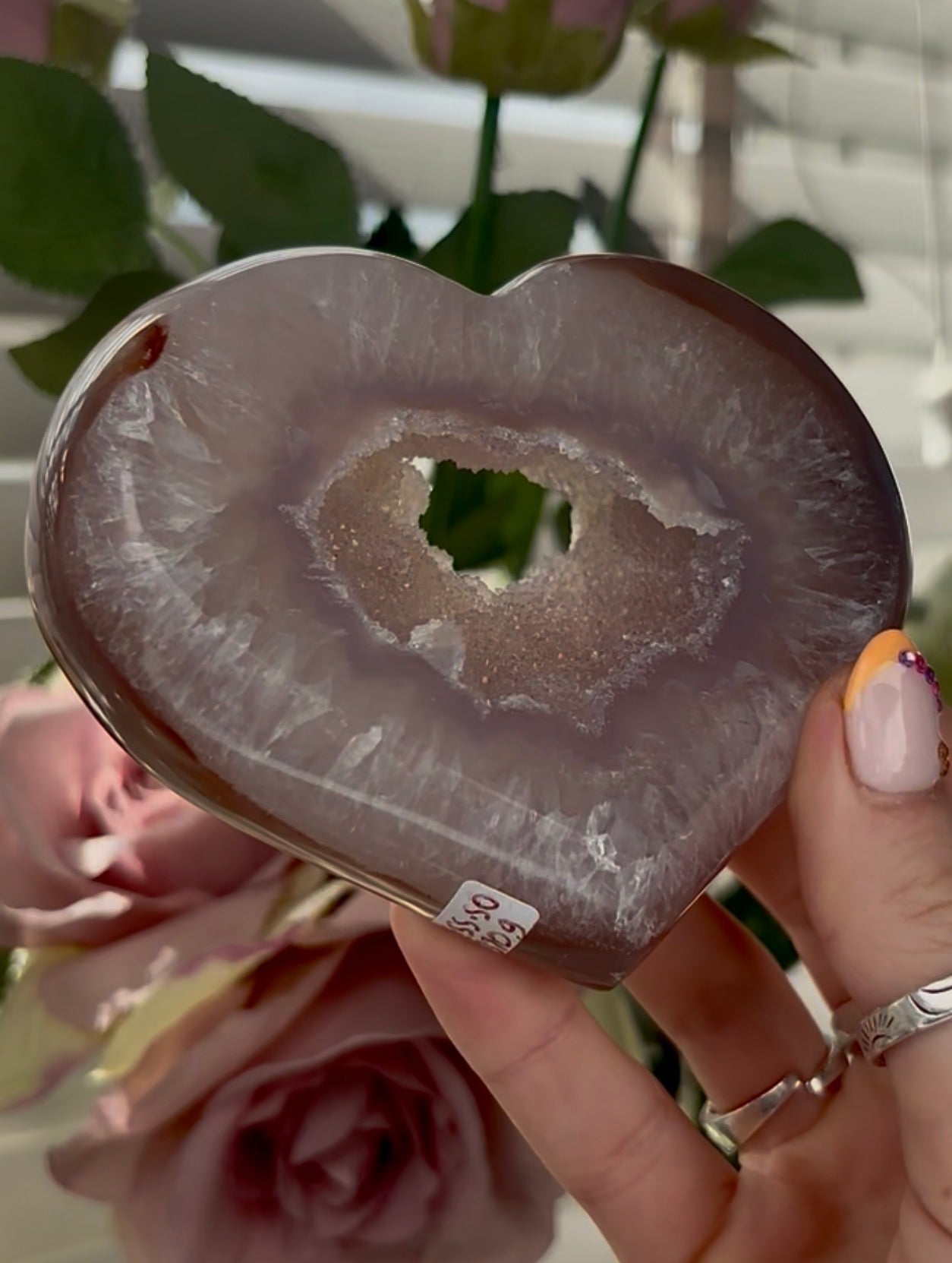 Beautiful, high quality, agate heart   with druzy - stand included
